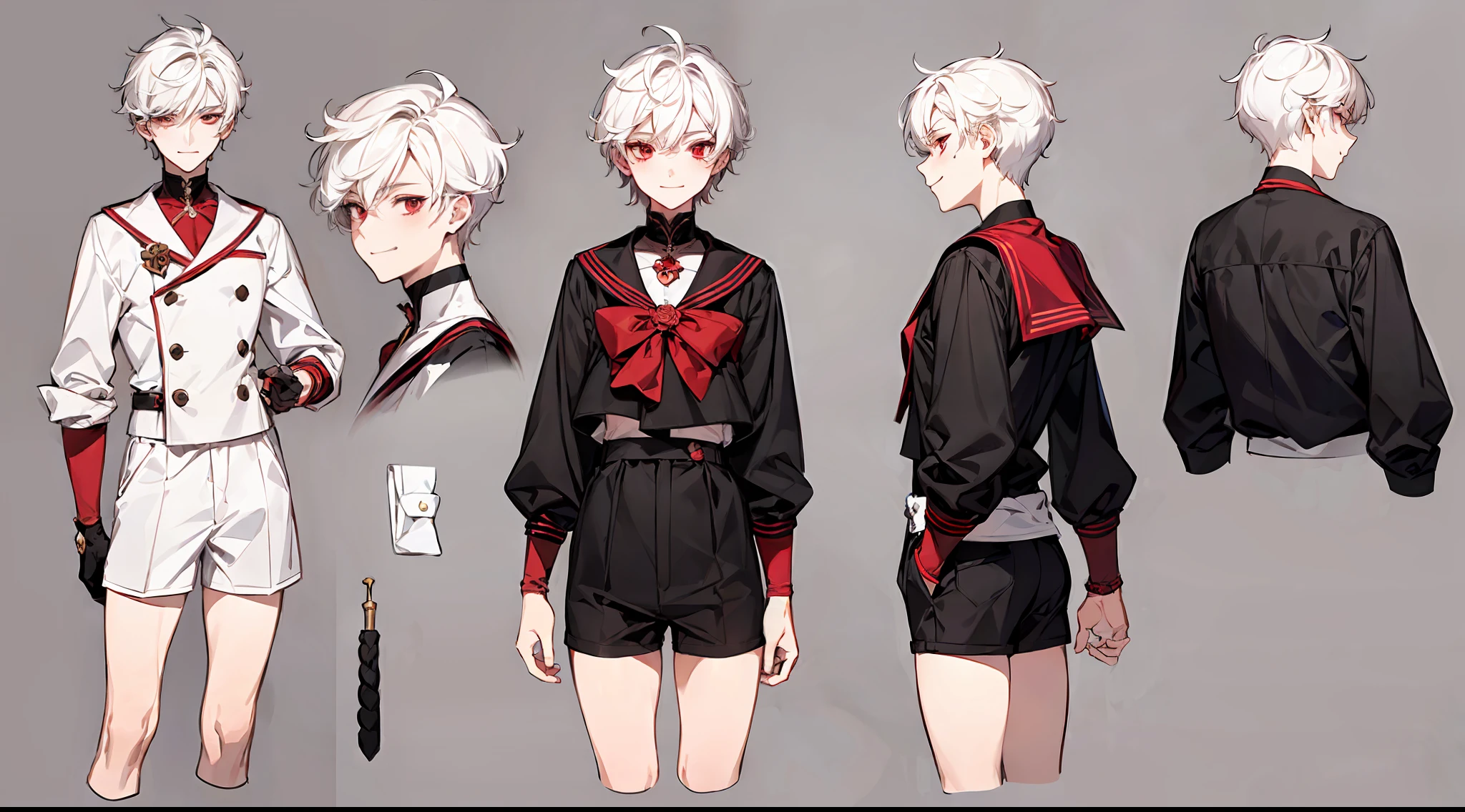 ((masterpiece)),(((best quality))),(character design sheet,same character,front,side,back), Reference sheet of a cute boy, short white hair, red eyes, smiling, black sailor outfit with short shorts, red rose as accessory, detailed face, detailed hair, (simple background, white background: 1.3)