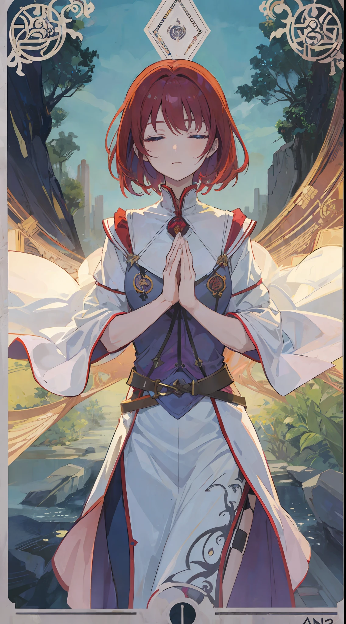 1Girl, purplish short red hair, sharp blue eyes, closed eyes, hands closed as if praying, wears the clothes of a Saintess, make it like tarot anime-style but no frame