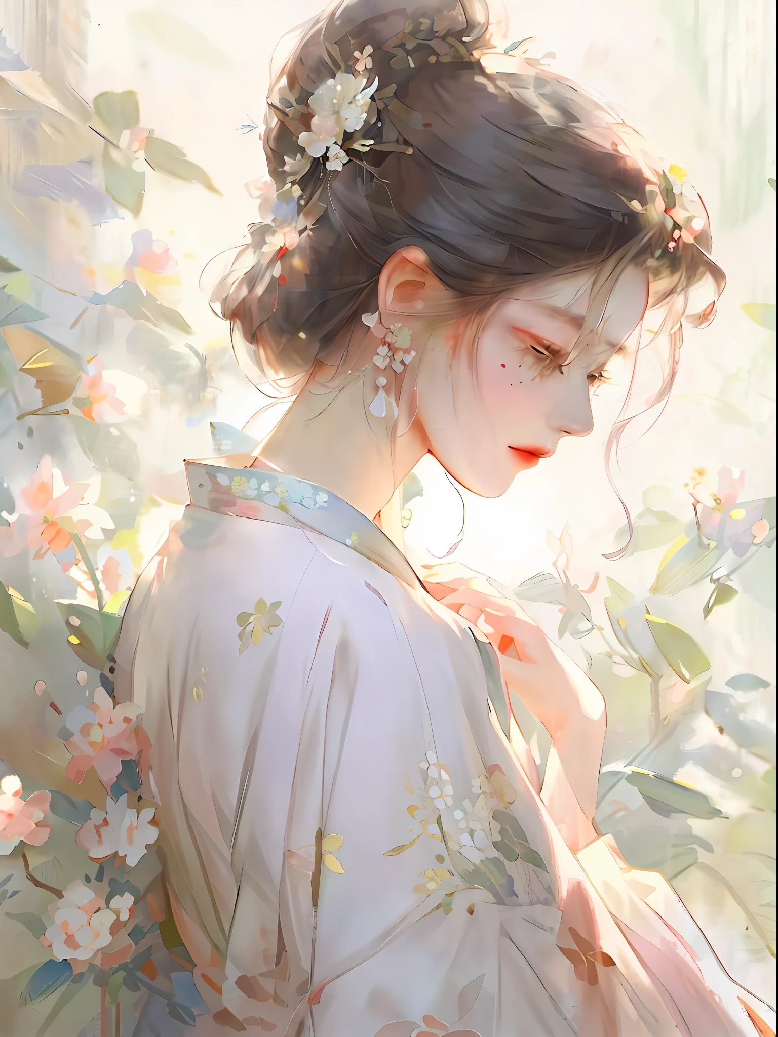 painting of a woman in a kimono with flowers and leaves, guweiz, artwork in the style of guweiz, beautiful digital illustration, beautiful character painting, beautiful digital artwork, palace , a girl in hanfu, a beautiful artwork illustration, elegant digital painting, inspired by Yanjun Cheng, by Yanjun Cheng, exquisite digital illustration, beautiful digital painting
