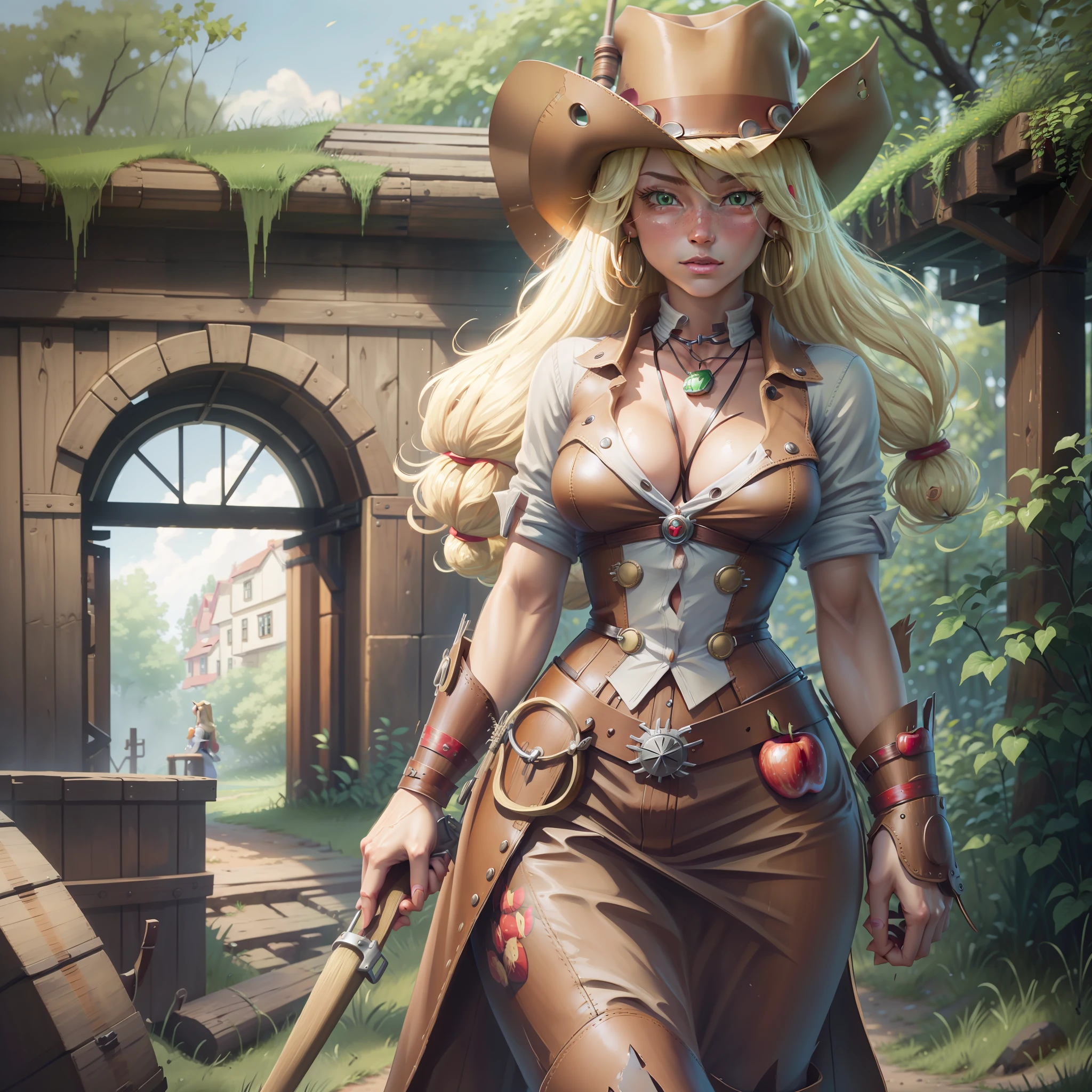 AppleJack, AppleJack from my little pony, AppleJack in the form of a girl, long hair, lush hair, steampunk, steampunk machinery, golden gears, not human, gear leather, cowboy boots, full-length, cowboy hat, apple earrings, on a farm with apple trees, steampunk style, a lot of magic, lightning nets, best quality, very detailed, ultra 8k resolution