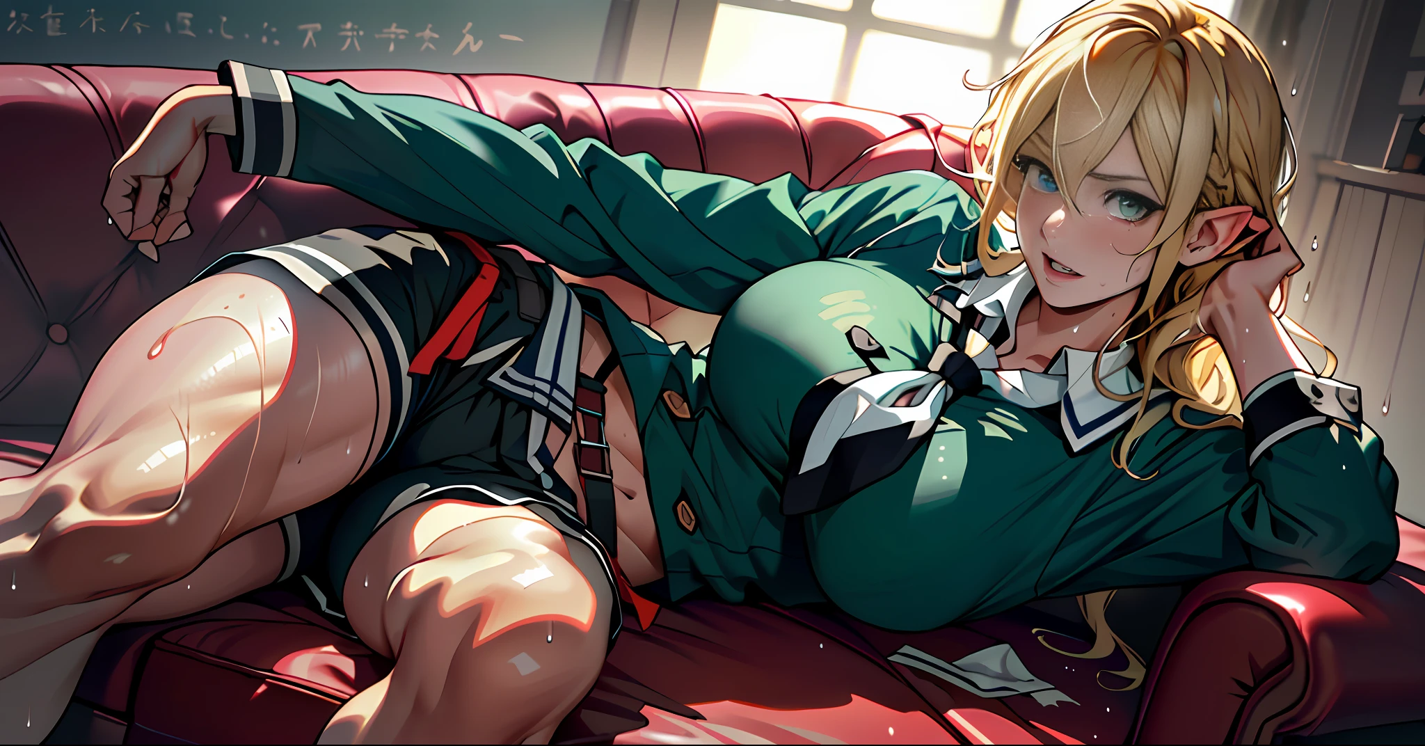 best quality, masterpiece, ultra high res, detailed background, realistic, 1girl, solo, female, muscular, mature female, long hair, blonde, makeup, eye shadow, lying on a couch, legs open, showing panties, seductive scene, sticky school clothes, wet breasts, open mouth, serious face, sexy beak, beautiful eyes, well done, green eyes(light), erotic expression, school, real shadow and light, depth of field, huge boobs, torn clothes, torn bra, uderboob, looking at the viewer, strong wind in the face, strong wind in the hair, loose hair, Nouvellez femal chef, Konosuba, sweaty, wet, sexy, flushed, embarrassed, moaning, ((thick white liquid on the breasts)), (((very sweaty)) ((the body is dripping wet)) ((wet thighs)), ((spreading thighs)), no errors, well detailed, extremely well done, Elf Ears