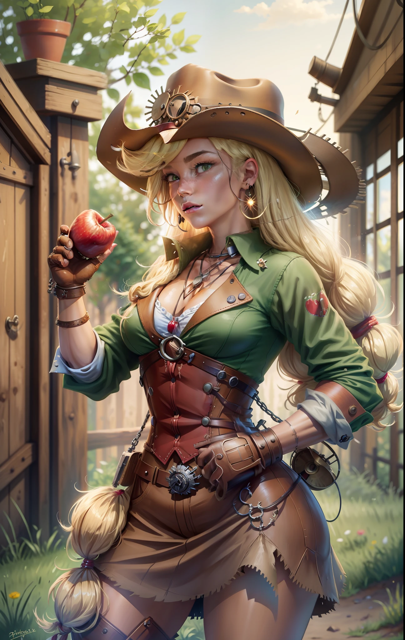 AppleJack, AppleJack from my little pony, AppleJack in the form of a girl, long hair, lush hair, steampunk, steampunk machinery, golden gears, not human, gear leather, cowboy boots, full-length, cowboy hat, apple earrings, on a farm with apple trees, steampunk style, a lot of magic, lightning nets, best quality, very detailed, ultra 8k resolution