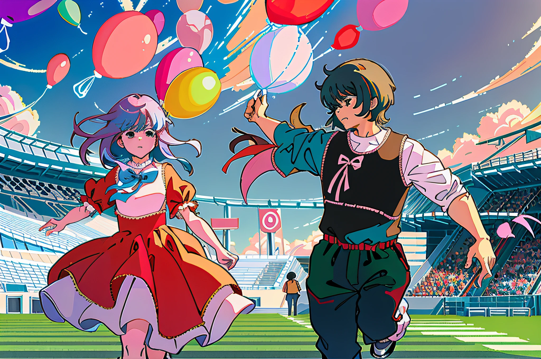 anime characters running with balloons in a stadium, official fanart, high quality fanart, lofi artstyle, official art, official anime artwork, official anime still, official artwork, in the art style of 8 0 s anime, official illustration, anime visual style, anime style illustration, 2022 anime style, beautiful anime art style, 2 0 2 2 anime style