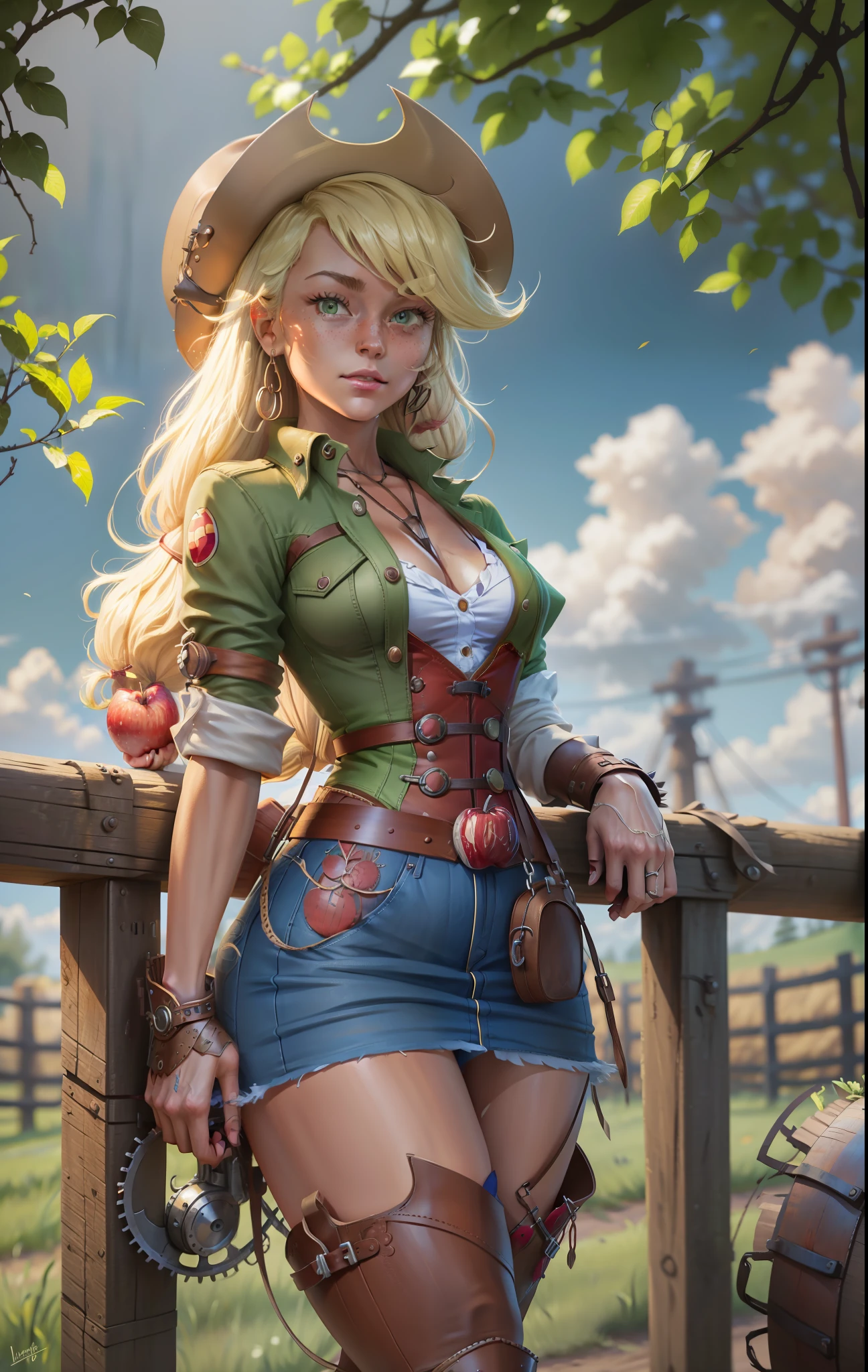 AppleJack, AppleJack from my little pony, AppleJack in the form of a girl, long hair, lush hair, steampunk, steampunk machinery, golden gears, not human, gear leather, cowboy boots, full-length, cowboy hat, apple earrings, on a farm with apple trees, steampunk style, a lot of magic, lightning nets, best quality, very detailed, ultra 8k resolution