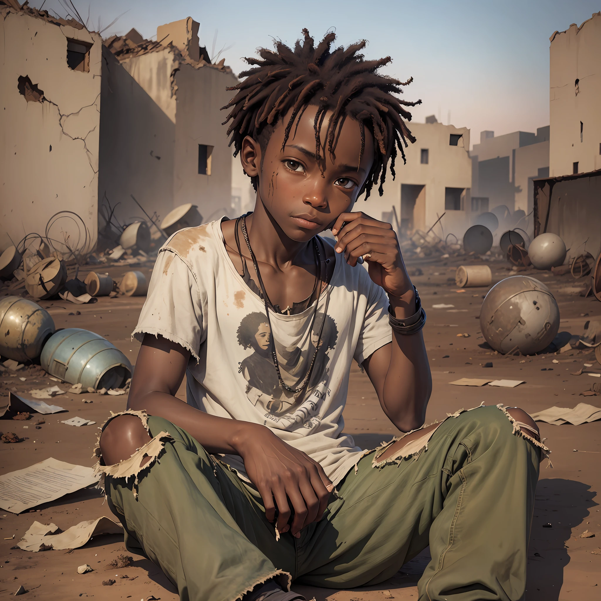 The African boy is sitting in an empty field, surrounded by rubble and debris from destroyed structures. He is wearing torn and dirty clothes, and carries a tired and sad expression on his face. In his right hand, he holds a rusty gun, while in his left hand, he holds a photo of his family that was killed during the war --auto --s2