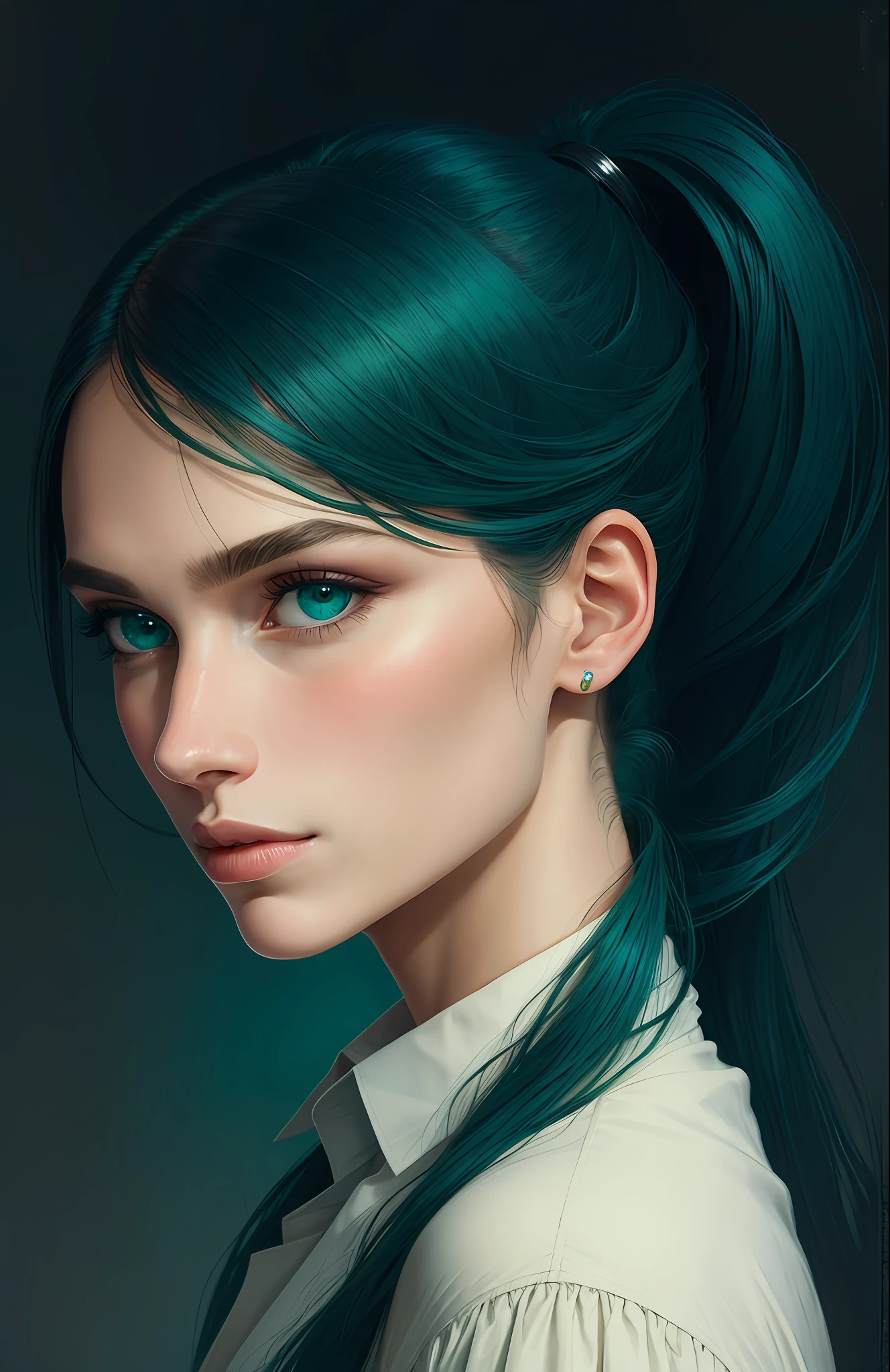 Protrait, photograph, androgynous hunnuman, oval jaw, delicate features, beautiful face, hair, long bangs, long ponytail, bright blue-green eyes, lds art
