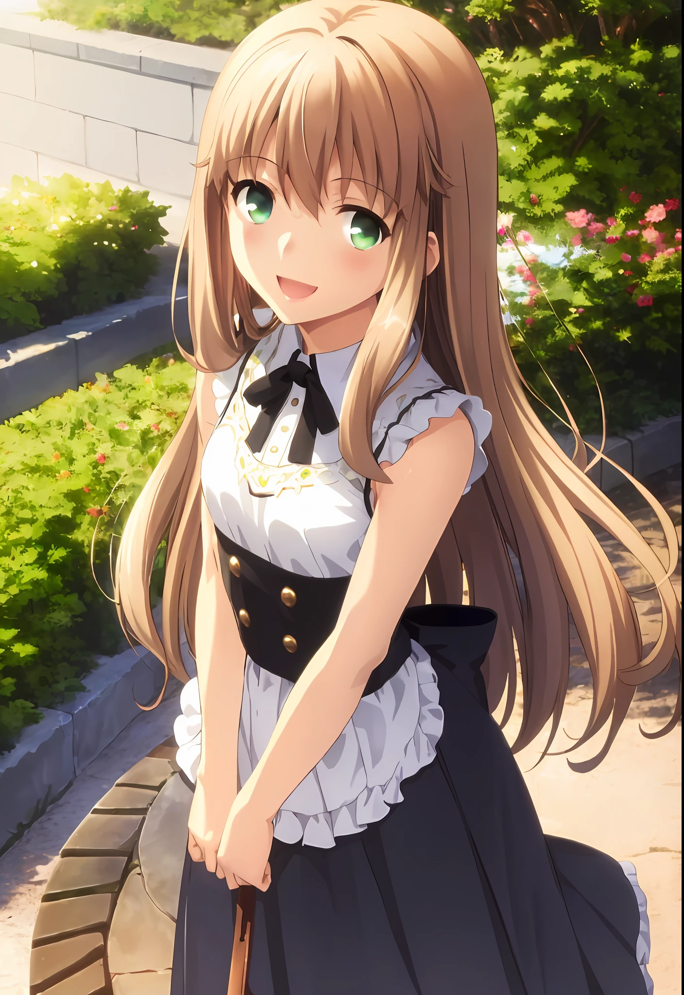 (masterpiece, best quality, ultra resolution, high-res, ufotable screen cap, official art, close-up, face), a cute and happy girl, 1girl, solo, blonde very long hair, green eyes, detailed eyes, beautiful detailed eyes, hands behind back, arms behind back, sleeveless white shirt, black skirt, (small breasts, Loli), big smile, happy, cute, looking at viewer, indoors, very very cute, soft expression,