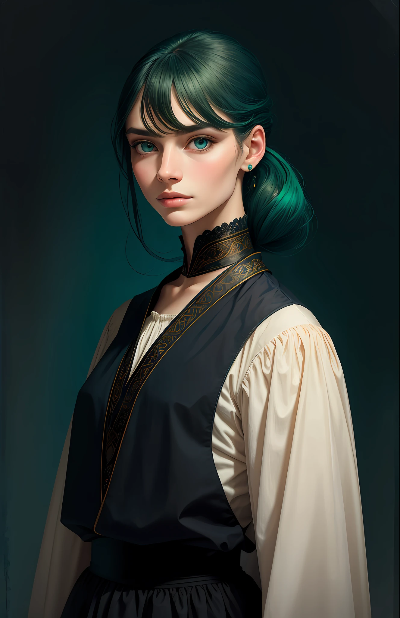 Protrait, photograph, androgynous hunnuman, oval jaw, delicate features, beautiful face, hair, long bangs, long ponytail, bright blue-green eyes, lds art