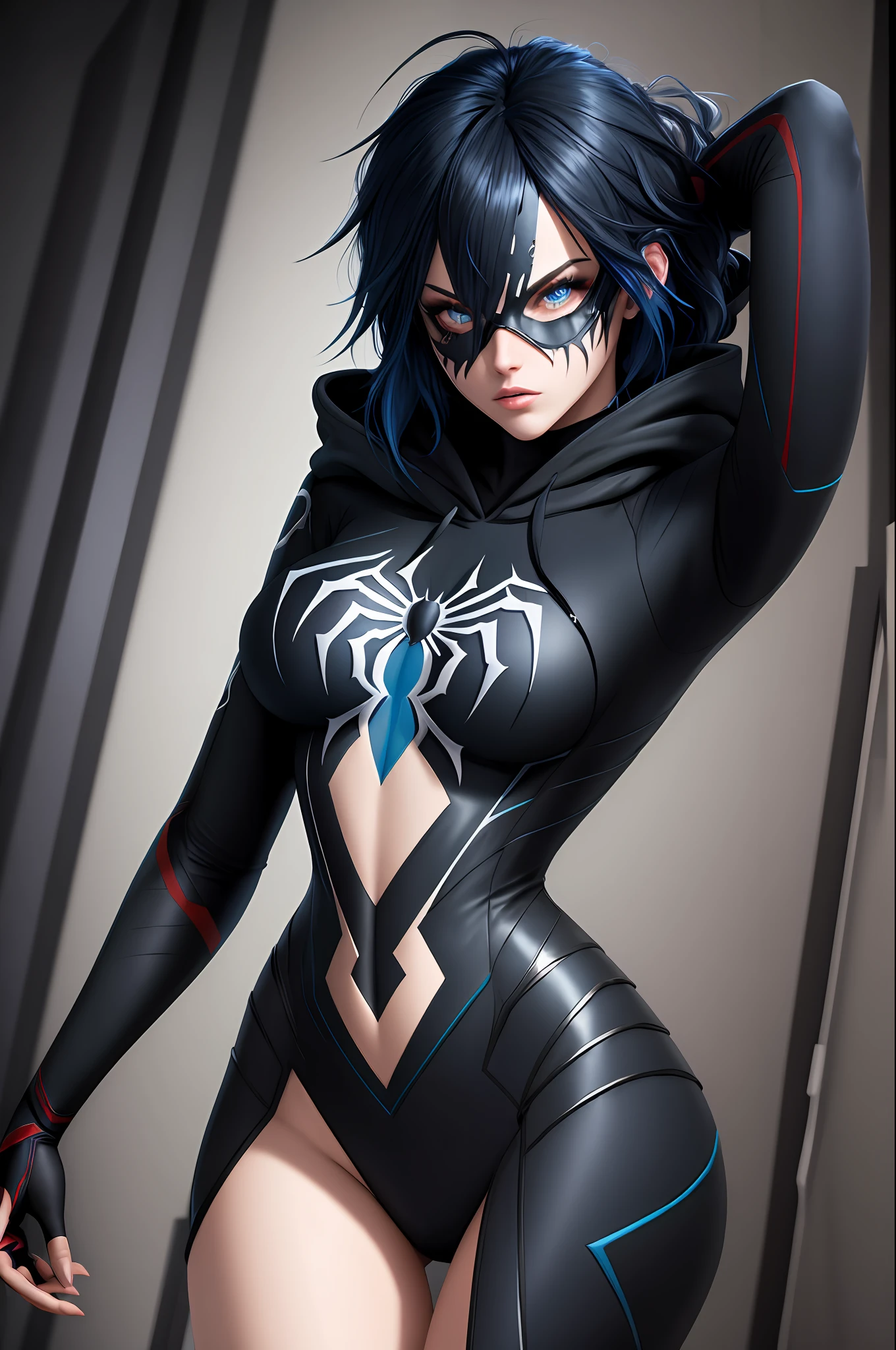 (((Masterpiece))), best quality, ultra-detailed CG unity 8k wallpaper, (1person:1.3), woman, black emo scene hair, blue eyes, spider man mask, hoodie, black and blue full body spider man suit