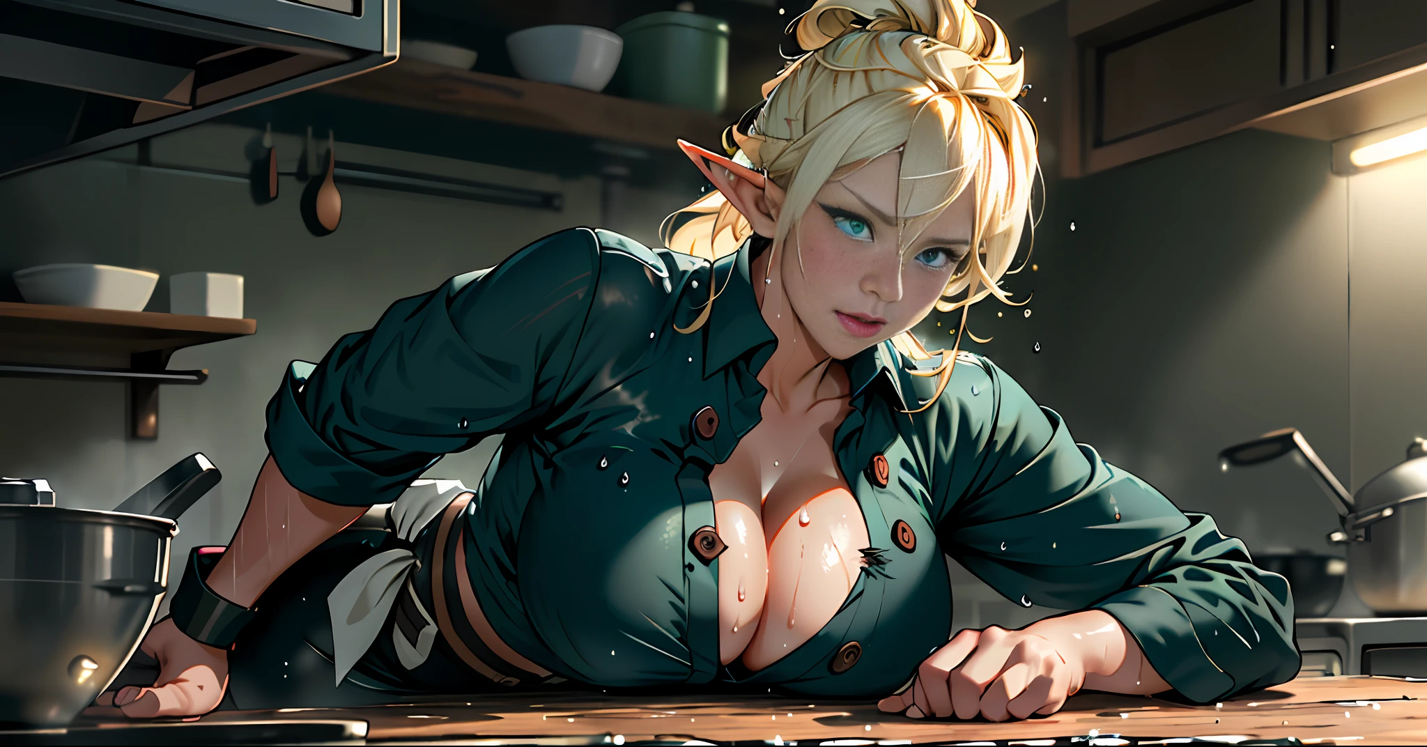 best quality, masterpiece, ultra high res, detailed background, realistic, 1girl, solo, female, muscular, mature female, long hair, blonde, makeup, eye shadow, lying on a table, legs open, showing panties, seductive scene, sticky boss outfit, wet breasts, open mouth, serious face, sexy beak, beautiful eyes, well done, green eyes(light), erotic expression, kitchen, real shadow and light, depth of field, huge boobs, torn clothes, torn bra, uderboob, looking at the viewer, strong wind in the face, strong wind in the hair, loose hair, Nouvellez femal chef, Konosuba, sweaty, wet, sexy, flushed, embarrassed, moaning, ((thick white liquid on the breasts)), (((very sweaty)) ((the body is dripping wet)) ((wet thighs)), ((spreading thighs)), no errors, well detailed, extremely well done, Elf Ears