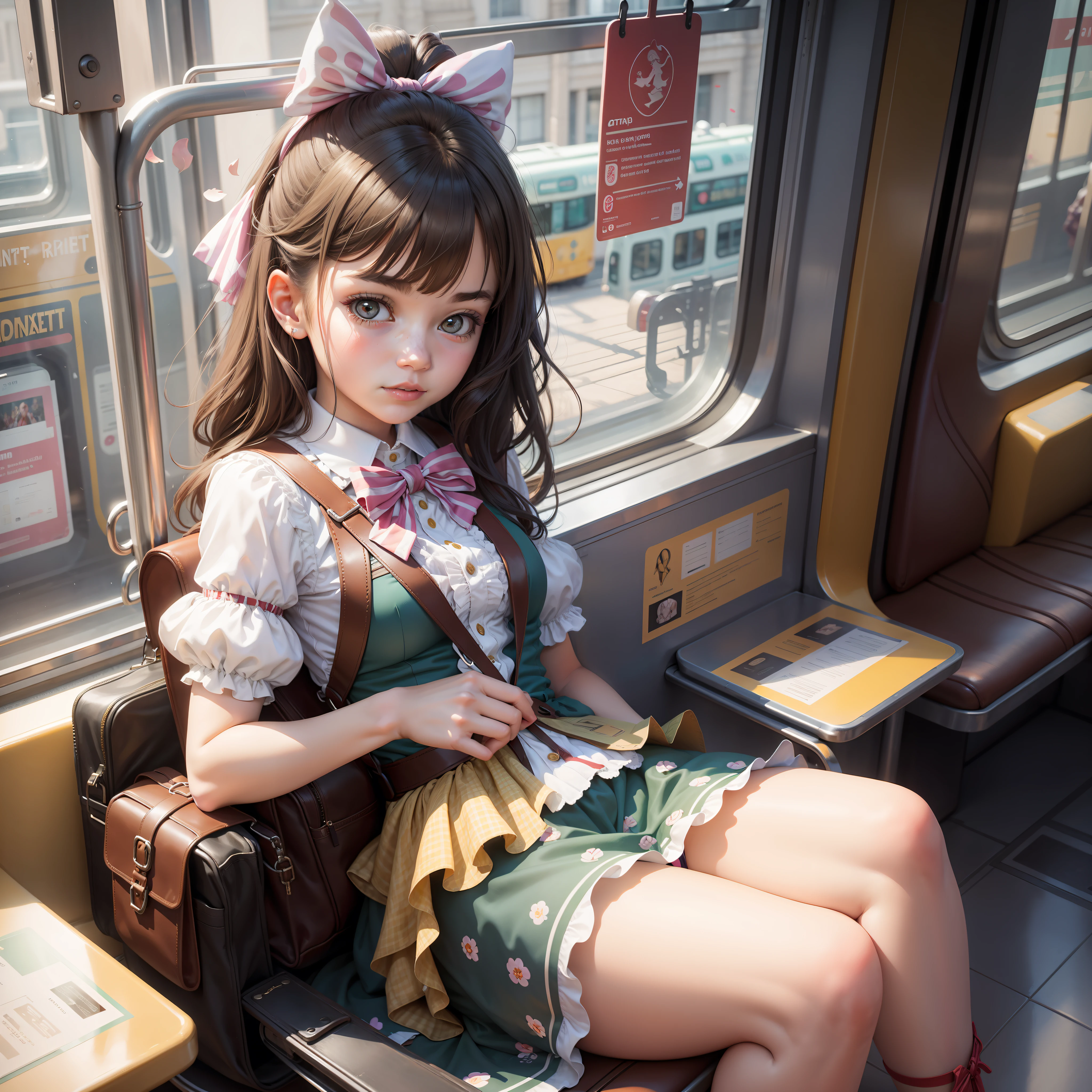 A girl riding a tram in wonderland.