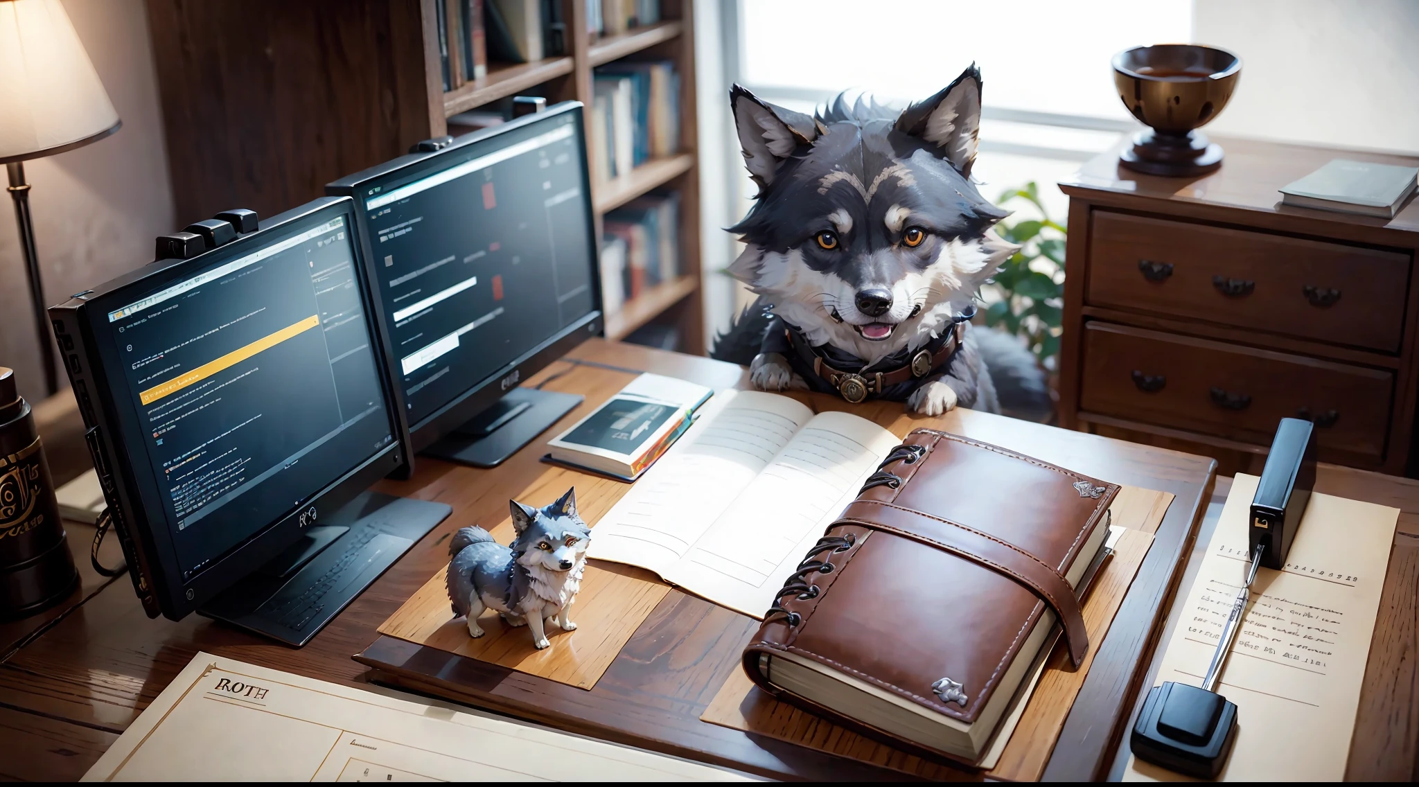 A group of 5cm long pocket wolves on desk, book, ruler, looking at me, super fine, 16k resolution, master work, overhead shot