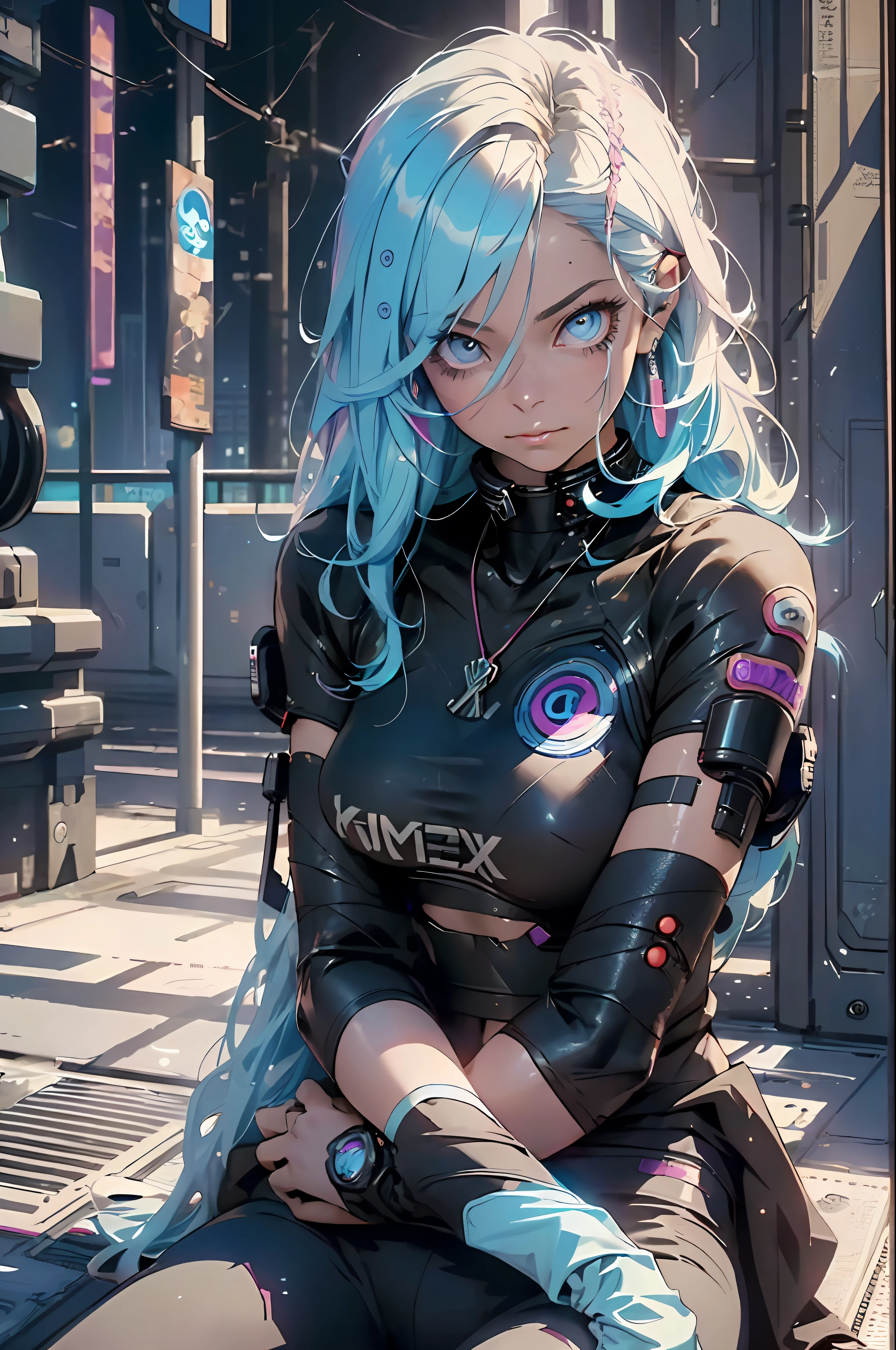 (cyberpunk:1.3) , Stylish woman looking at camera, black pants, black t-shirt, melancholic lighting, quiet, calm, brightness, masterpiece, best quality, 1girl, (JinxLol:1.2), (ultra photorealistic:1.3), (masterpiece:1.4), best quality, ((realistic)), high quality, ultra detailed, ((real image)), ((realistic skin)), ((realistic face)),(illustration:1.05), (beautiful:1.05), (beautiful detailed eyes:1.05), (cinematic light:1.1), blue on the detachments, perfect whole body, slender silhouette, slim, small breasts, thick thighs, black and blue clothing, white sneakers