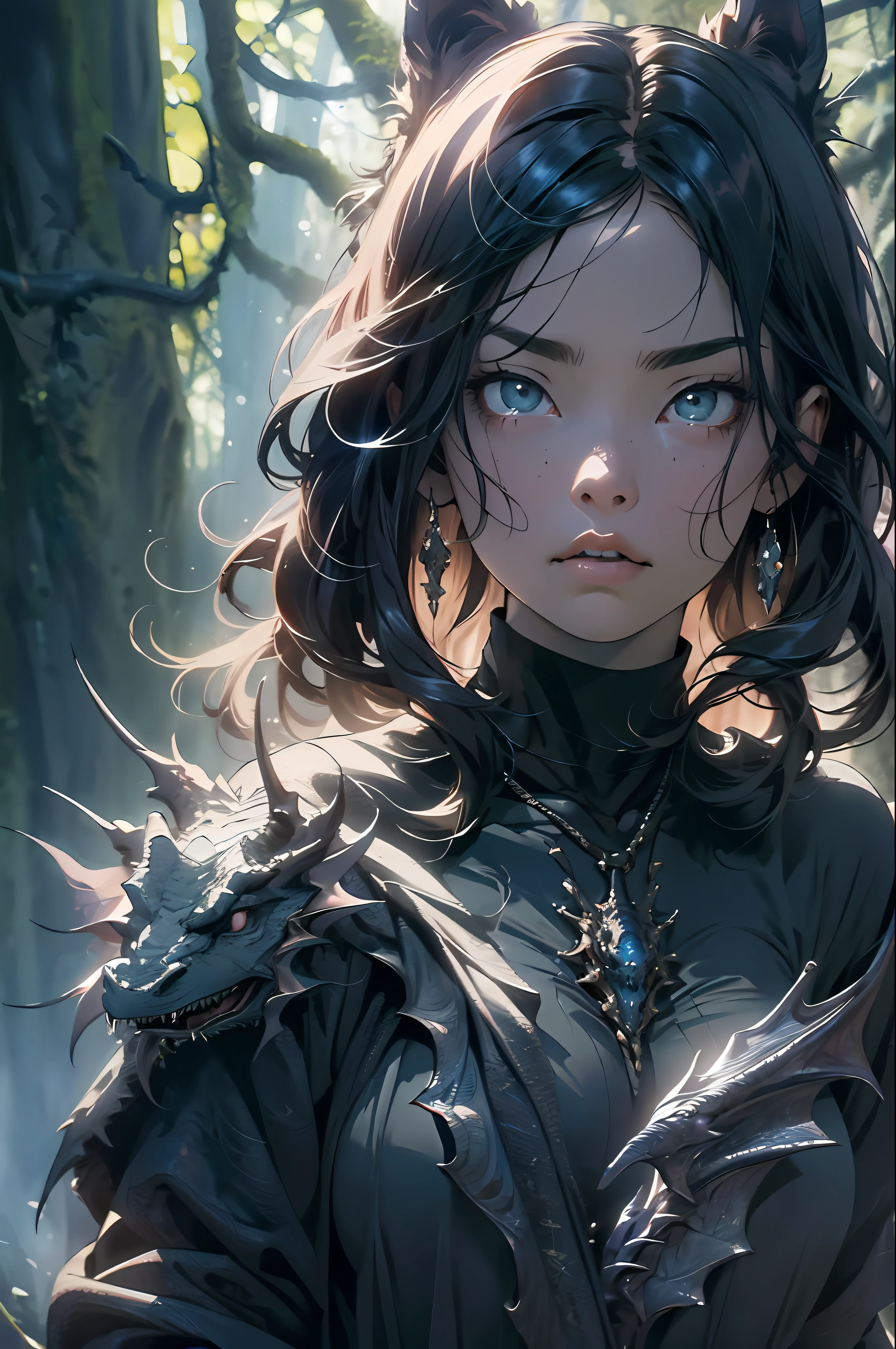 absurd, highres, ultra detailed, moody lighting, quiet, calm, brightness, masterpiece, best quality, 1girl, dark fantasy movie of the 90s yet, menacing dragon next door