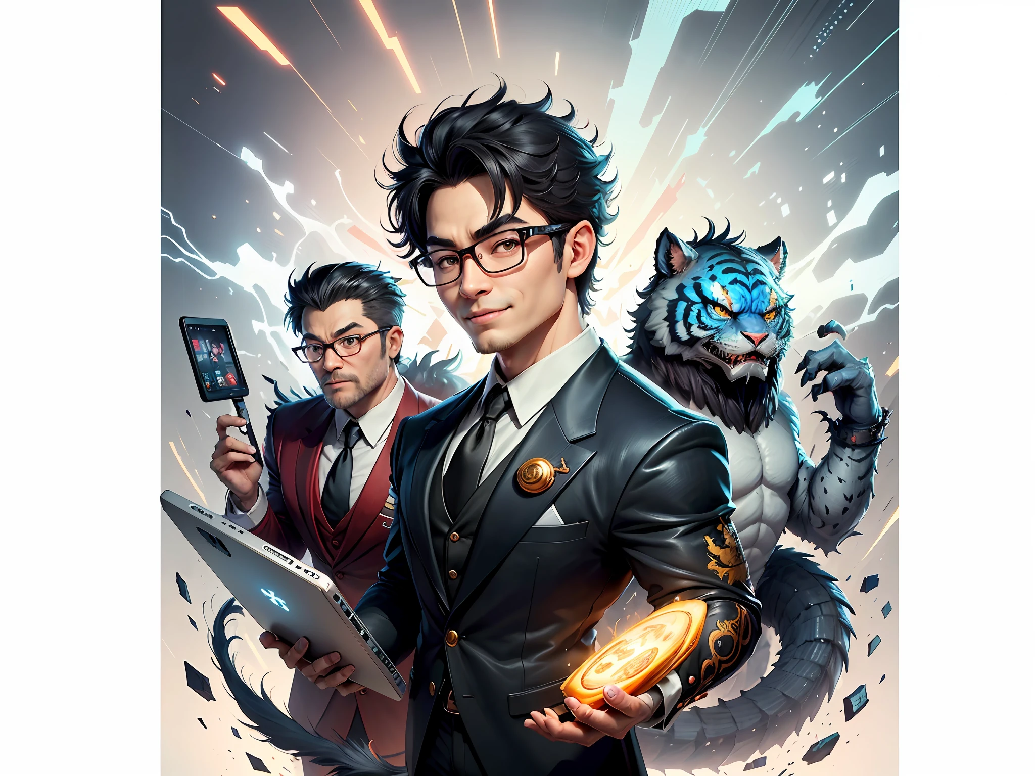 (Masterpiece), (Excellent), (Super Meticulous), (Full Body: 1.2), Super Young Man, Chinese Dragon, Tang Lion, Tiger, Wind God Thor, Sexy, Bursting, Oriental Face, TV Anchor, Bust Portrait Illustration, Black Formal Suit, Blue Tie, Slightly Chubby Face, Silver Glasses, Very Clean Face, No Beard on Chin, Black Super Short Hair, Black Eyes, Confident Smile, 3c Computer Sub-Products, iPad, iPhone, Digital Painting, 3D character design by Mark Clairedon and Pixar and Hayao Miyazaki and Akira Toriyama, the illustrations are HD illustrations in 4K resolution with highly detailed facial features and cartoon-style visuals.