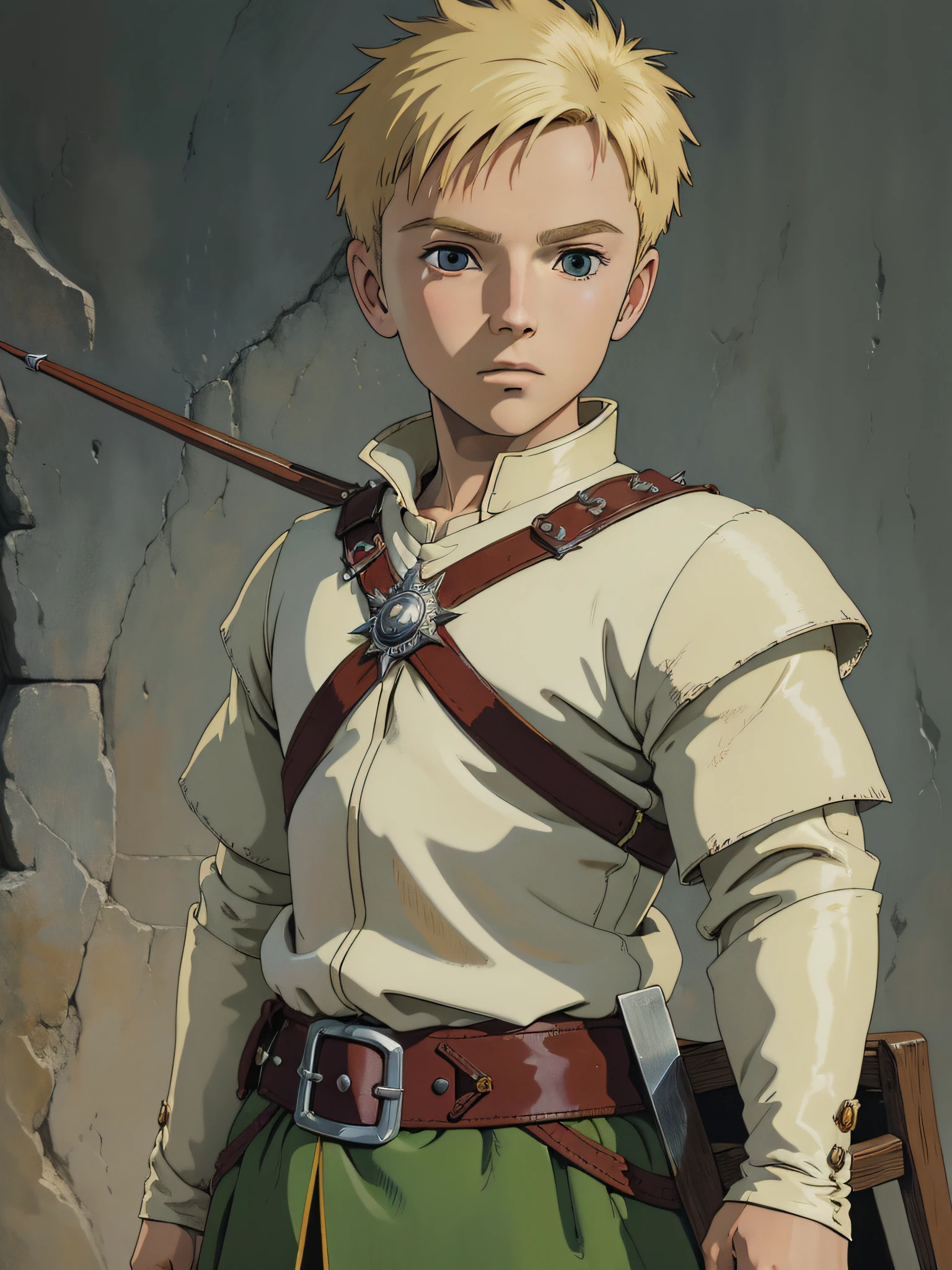 BOY, CHILD, SHORT SPIKY BLONDE HAIR, ARCHER, MEDIEVAL CLOTHING, STUDIO GHIBLI STYLE, PORTRAIT, PORTRAIT, BODY TO WAIST, DO NOT SHOW HANDS, BLANK BACKGROUND