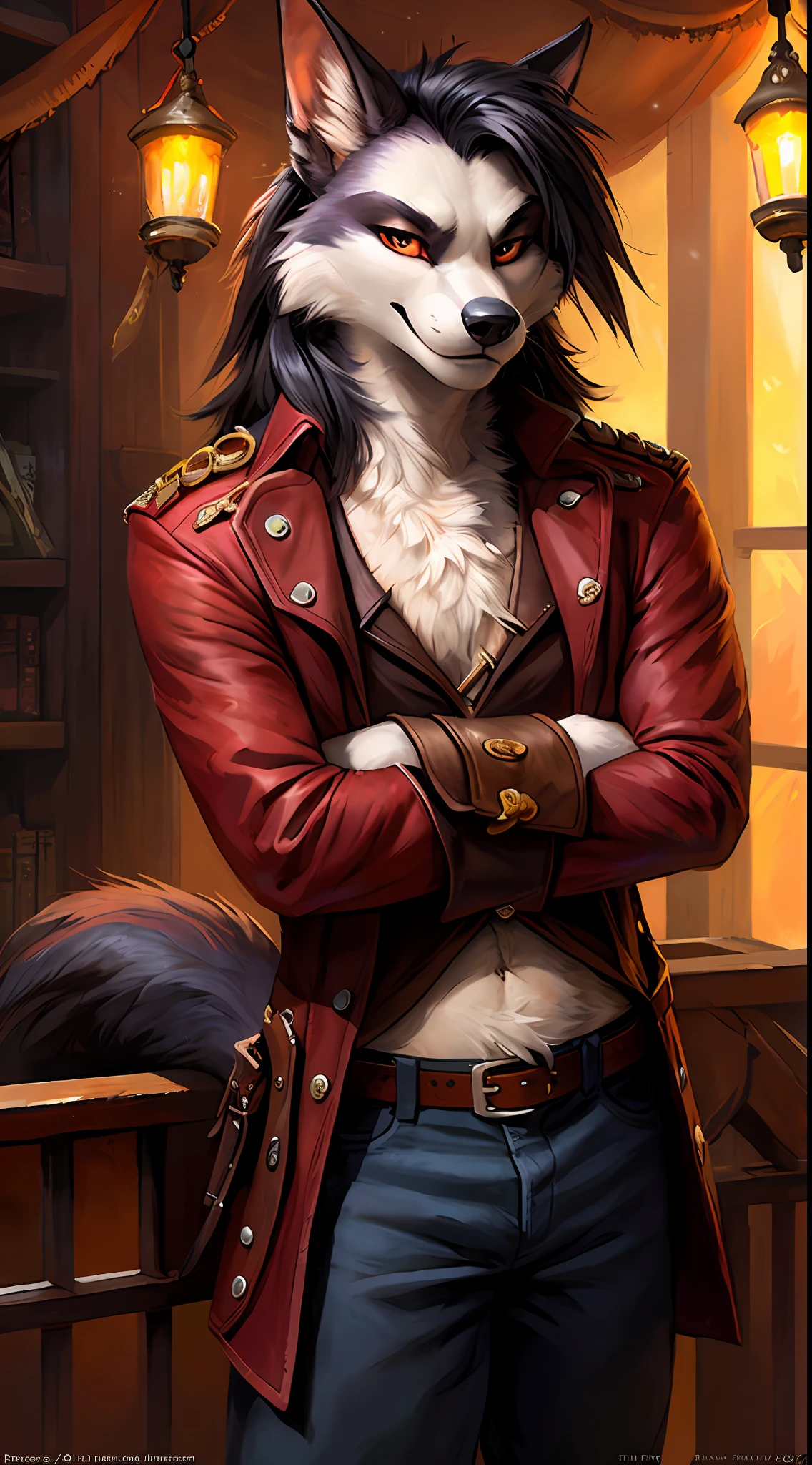 uploaded to e621, raw photo, realistic, anthro, detailed face, detailed fur, high resolution, beautiful and detailed portrait of Helluva Boss, Male Hellhound, kenket, Ross Tran,ruan jia, uploaded to e621, zaush, foxovh, cenematic lighting, pirate outfit, whole body, beautiful, enthusiastic face, solo, 1boy, on a pirate ship