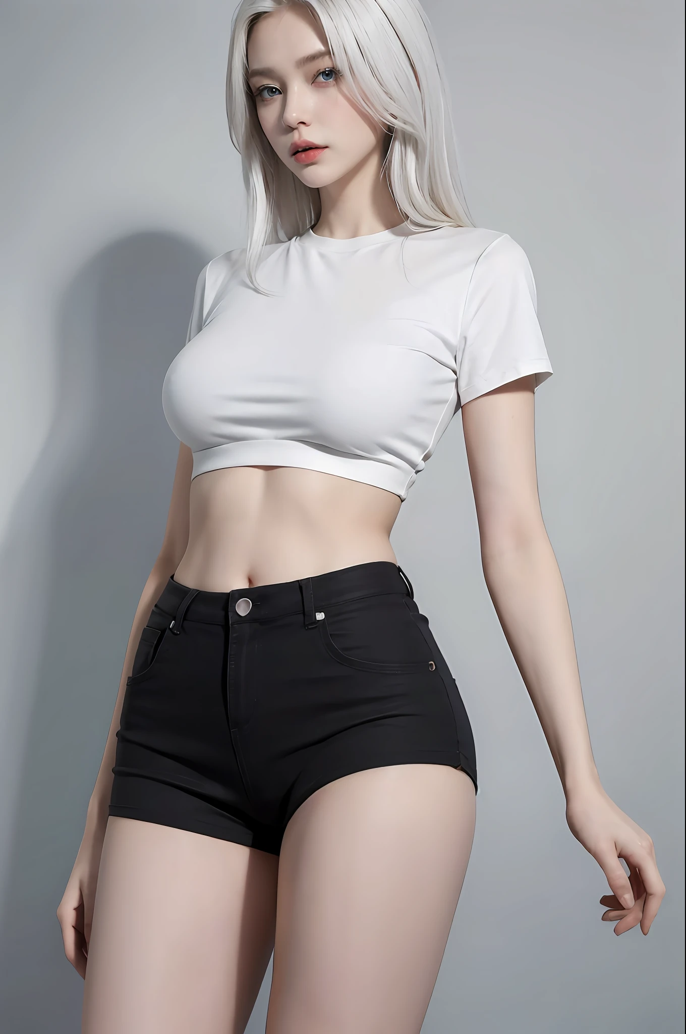 photorealistic:1.35, high resolution, 1 girl, white hair, blue eyes, slender figure, medium breast, stretch white shirt, tight black shorts, thick thighs