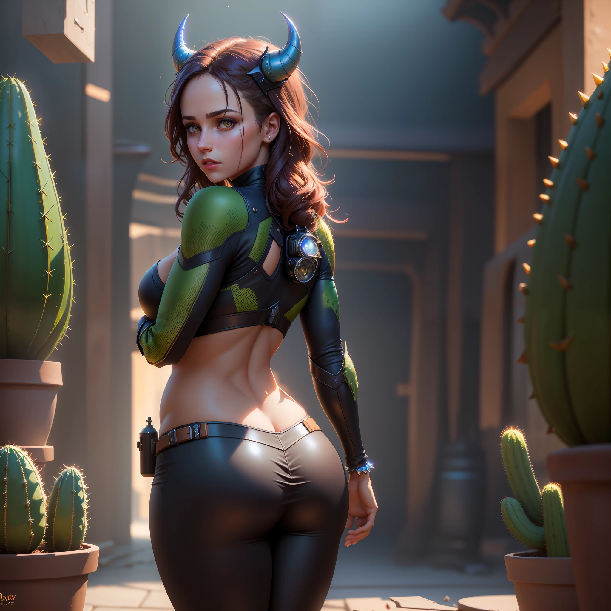 Highly detailed RAW color Photo, beautiful young girl, from behind, (wide hips), (detailed skin), (detailed lips), (detailed eyes), (devil:1.4), (cactus:1.1), (Sci-Fi setting) (detailed face), (curvy), detailed eyes, chromatic aberration, depth of field, soft lighting, masterpiece, best quality, intricate, (lens flare:0.7), (bloom:0.7), particle effects, raytracing, tone mapped, highly detailed, concept art, smooth, sharp focus, dramatic lighting, highly detailed artwork, cinematic, hyper realistic painting, trending on Artstation, 8K, incredible shadows, realistic, (highly detailed background:1.2), art by midjourney