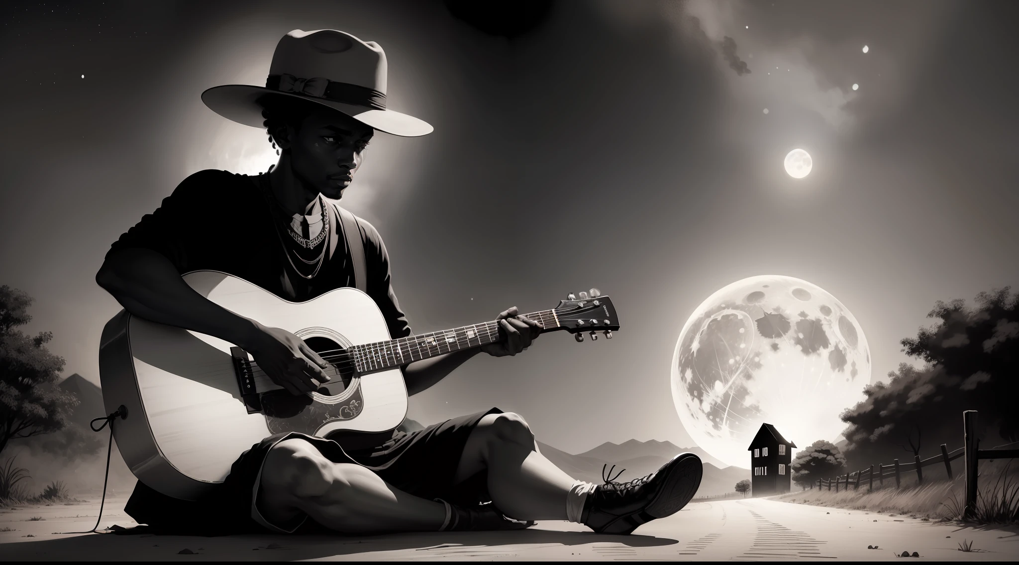 African sitting on the ground, illustration of a black man ((African)) in hat, 1930s night, full moon, playing his guitar for the ((demon Satan)), on a rural dirt road, handmade drawing with black pencil, black and white drawing, as if it were a sketch