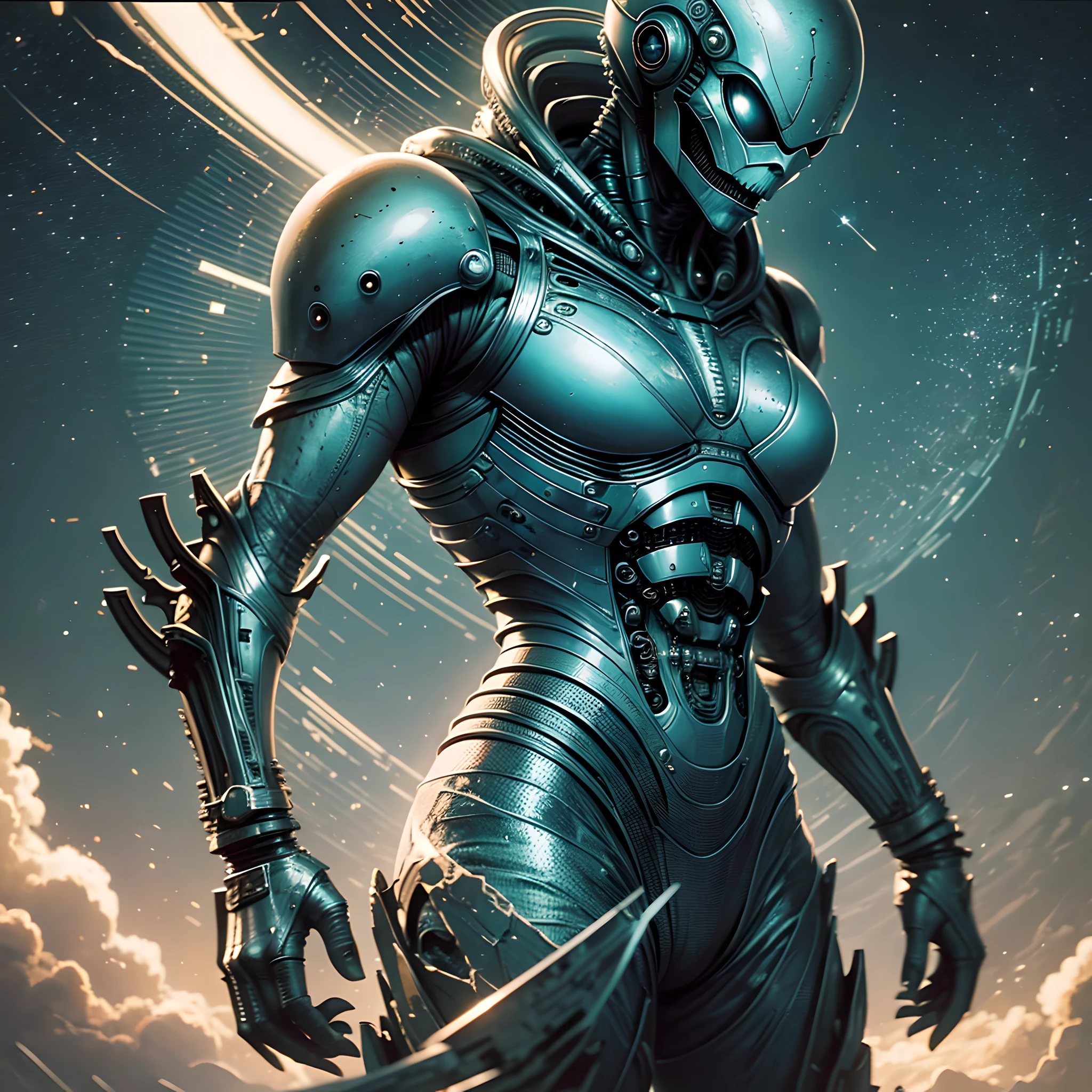 alien sci-fi warrior with alien colony background --auto --s2