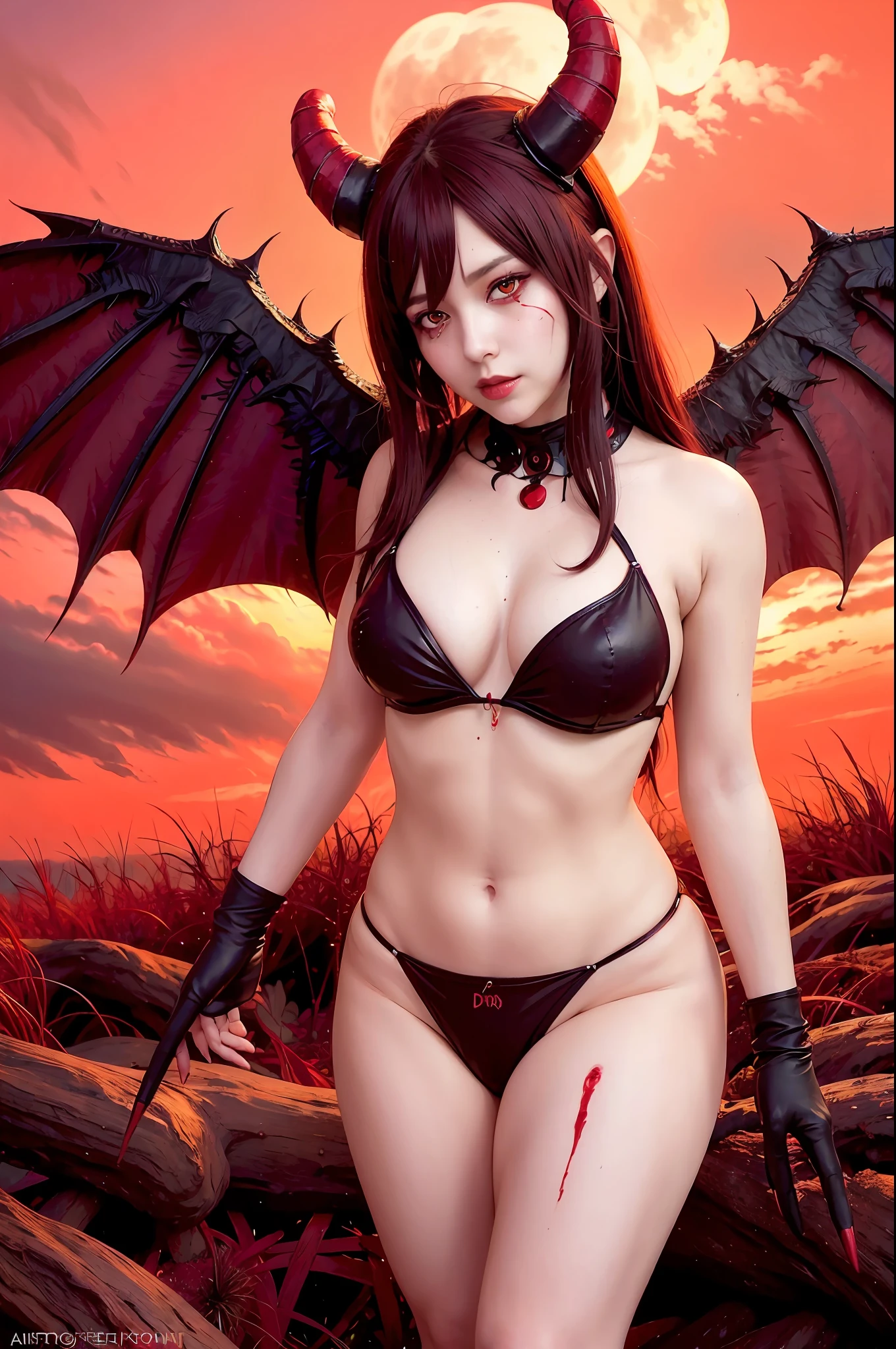 (wearing demon_cosplay_outfit:1.3), full red moon, covered in blood, demon_wings,
good hand,4k, high-res, masterpiece, best quality, head:1.3,((Hasselblad photography)), finely detailed skin, sharp focus, (cinematic lighting), night, soft lighting, dynamic angle, [:(detailed face:1.2):0.2], medium breasts, outside,