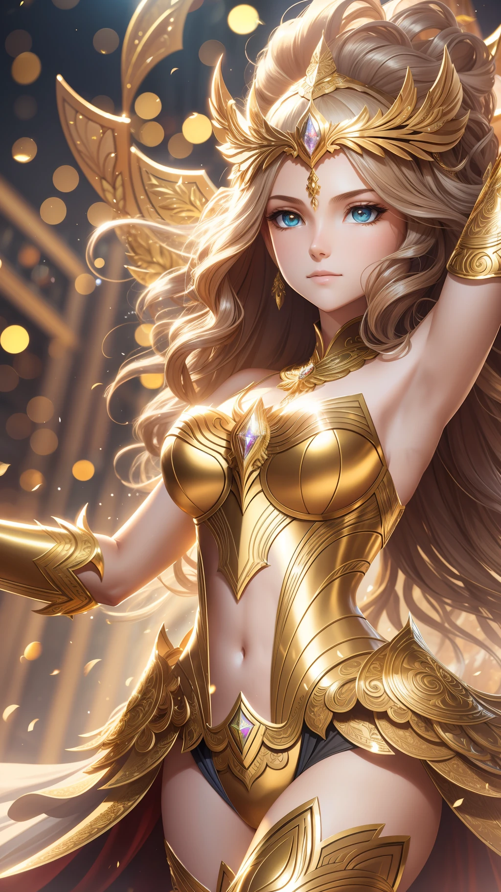 award winning concept art of tall (1girl:1.2) in golden shiny ornate armor, epic, god rays, centered, (masterpiece:1.2), (best quality:1.2), Amazing, highly detailed, beautiful, finely detail, warm soft color grading, Depth of field, extremely detailed 8k, fine art, stunning, iridescent, shiny, light reflections, crisp, curls, wind, flying leaves, dynamic pose, bokeh