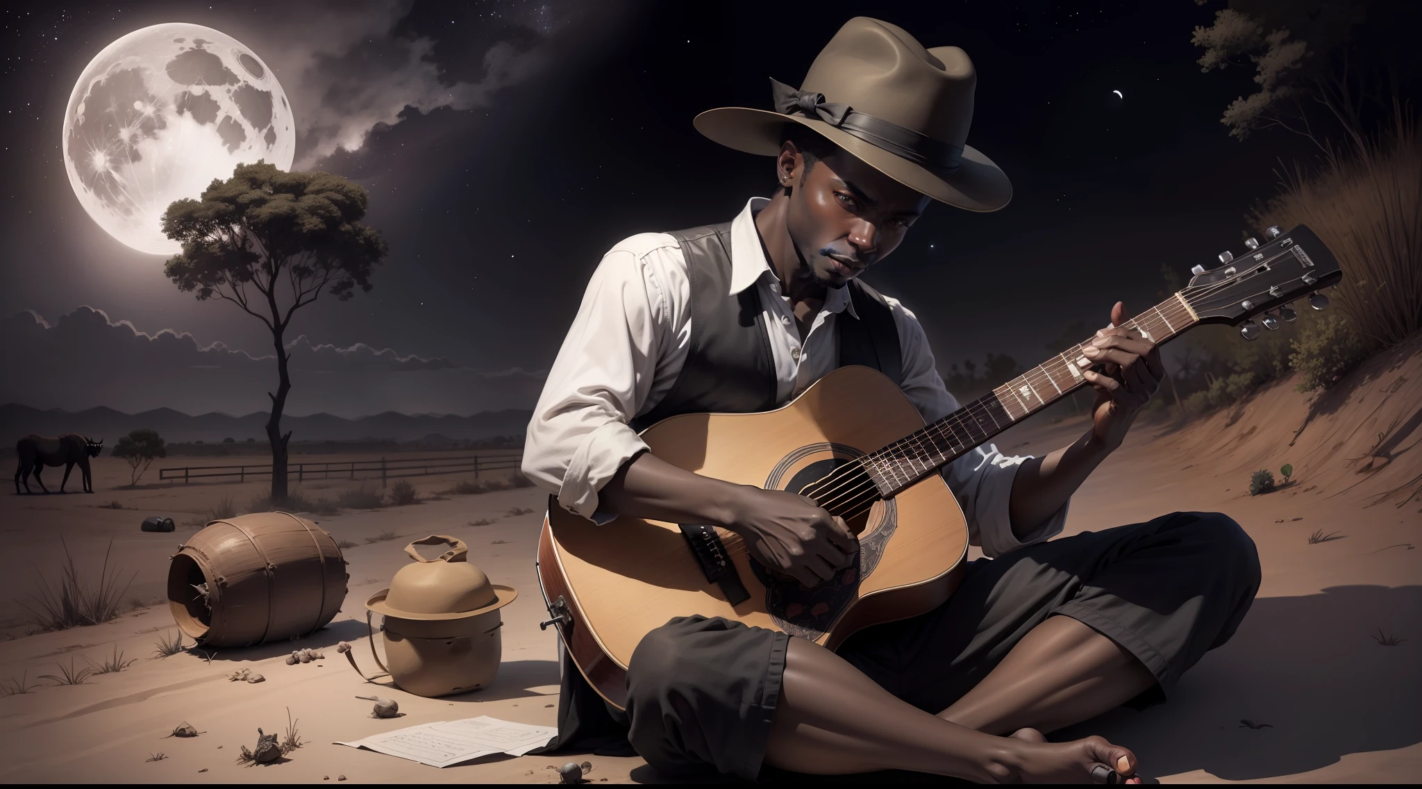 African sitting on the ground, illustration of a black man ((African)) in hat, 1930s night, full moon, playing his guitar for the ((demon Satan)), on a rural dirt road, handmade drawing with black pencil, black and white drawing, as if it were a sketch