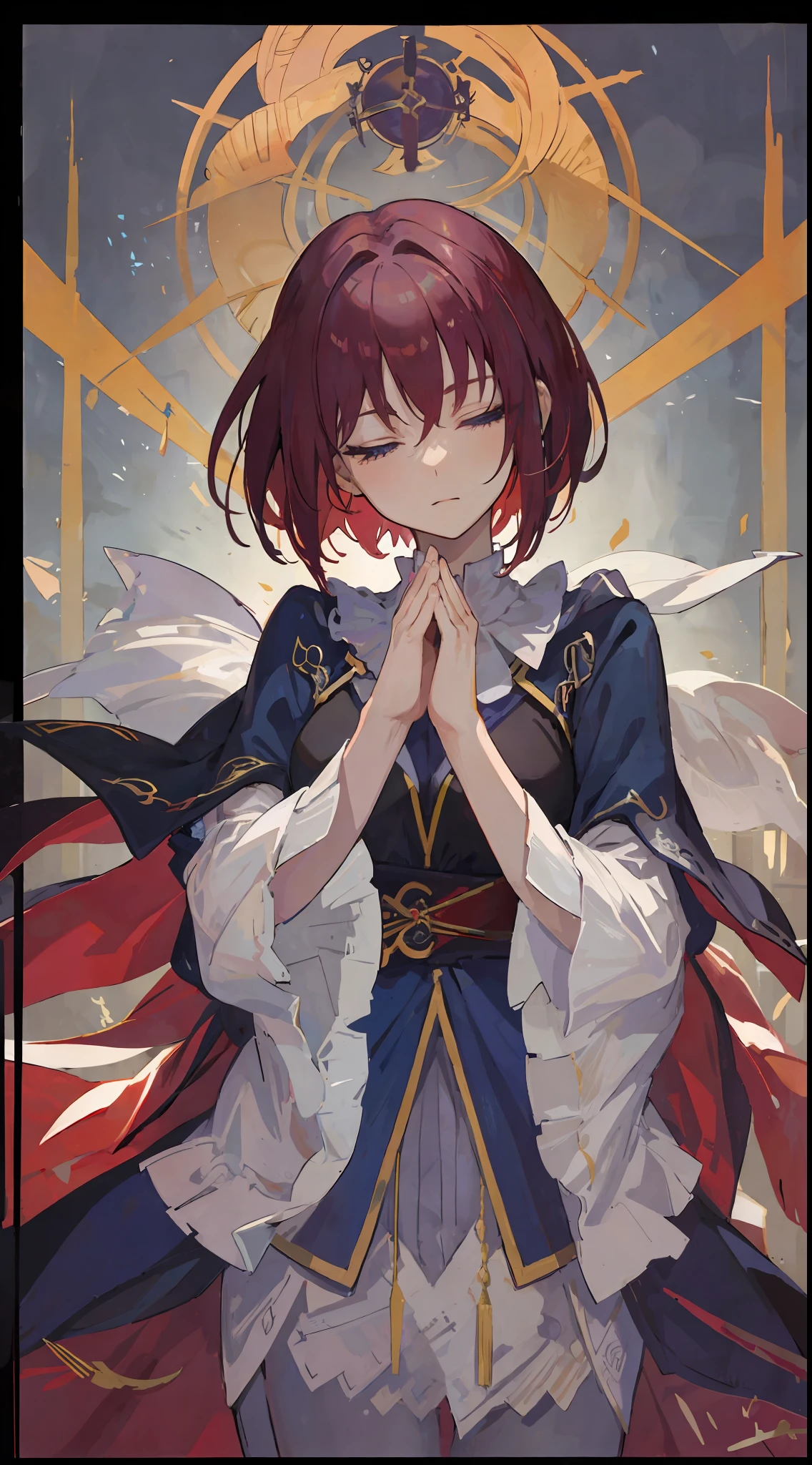 1Girl, purplish short red hair, sharp blue eyes, closed eyes, hands closed as if praying, wears the clothes of a Saintess, make it like tarot anime-style but no frame
