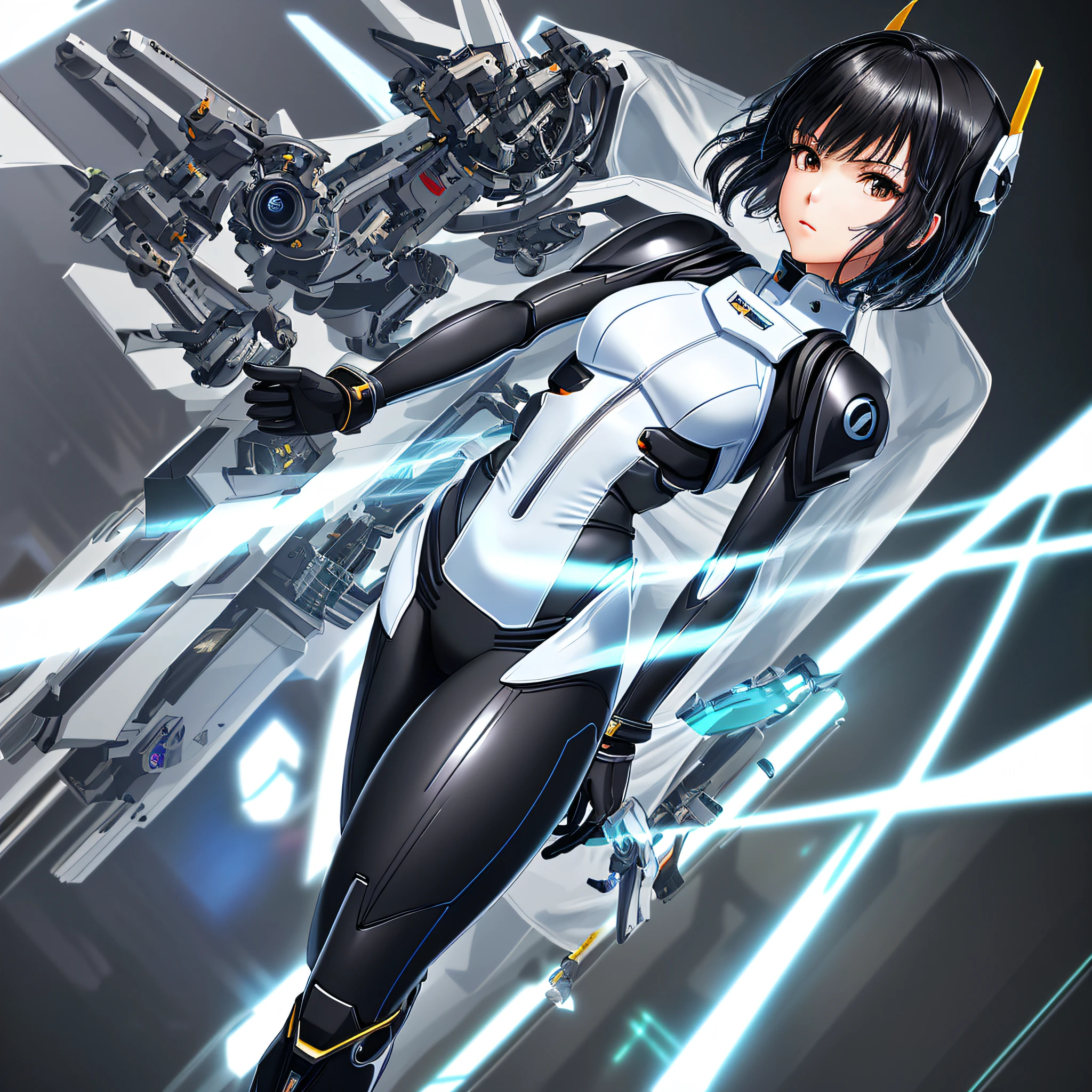 Elaborate CG Unity 8K wallpapers, masterpiece, highest quality, highest resolution, distinct_image): (Dynamic Angle, Solo, Japan Face, Short Black Haired Girl, Full Body, Small Breasts, Sparkly Black Eyes, White and Blue Colored Flight Suit, Tight Fit Clothes, Full Body Covering Clothes, Beauty, Slim Body, Exoskeleton, Gundam, Metal Gear)