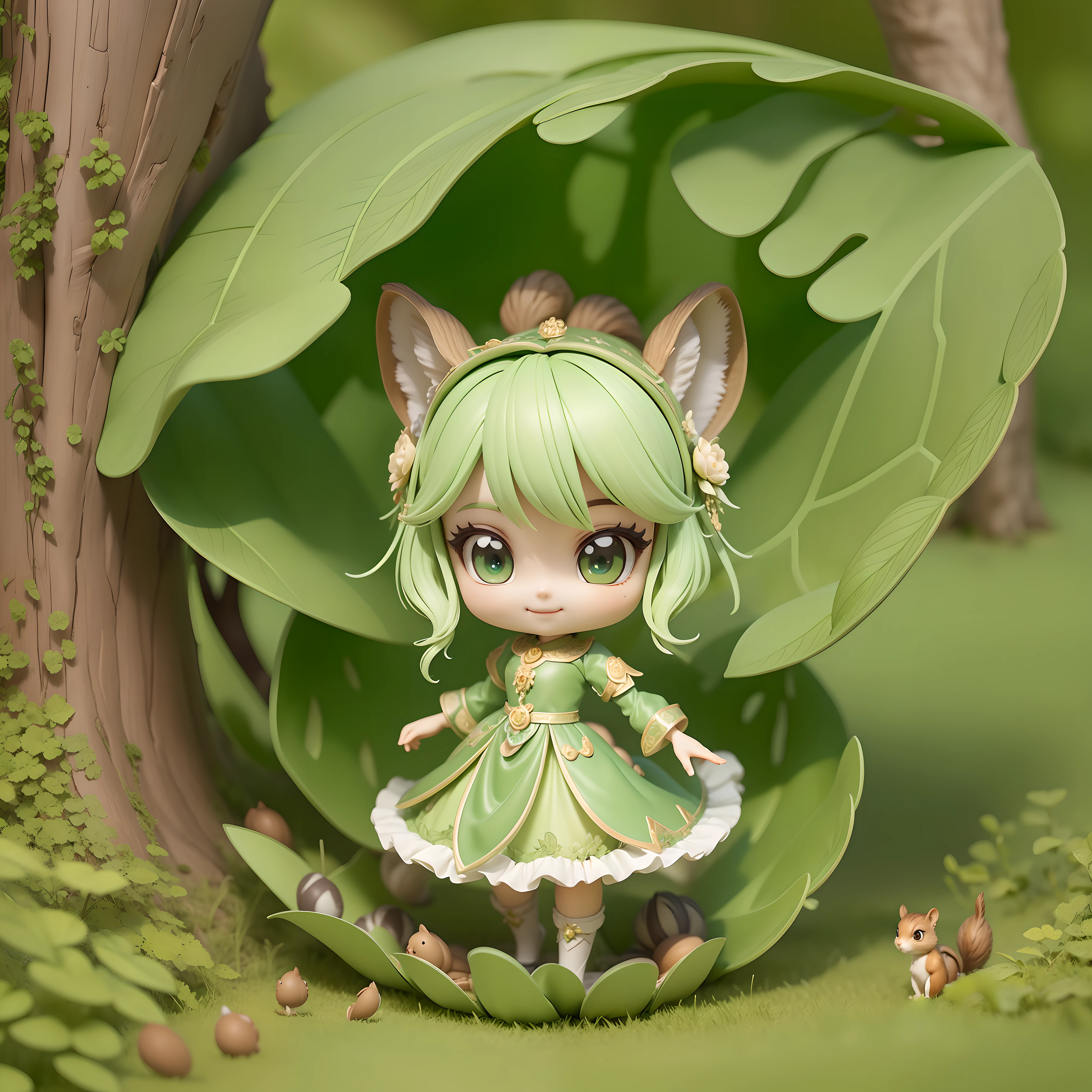 Masterpiece, Best Quality, Lots of Detail, (Full Body: 1.2), Chibi, Plant Girl, Pale Green Hair, Magician Long Dress, Lively, Squirrel Ears, Squirrel Man, Detail Hands, Five Fingers, Squirrel Tail, (Squirrel: 1.2), Big Eyes, Smile, 3D Rendering, Q Print Style