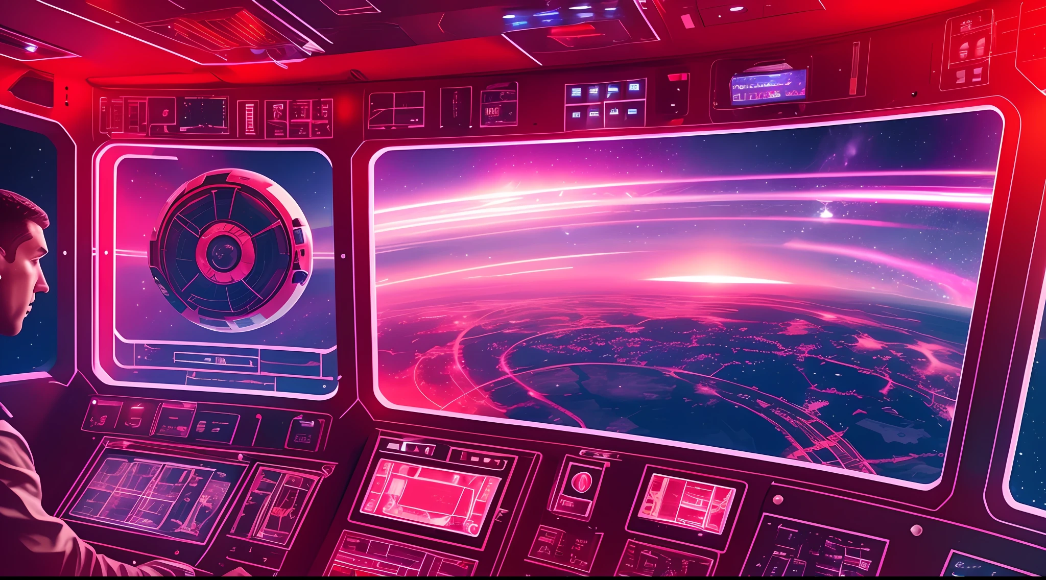 Space station, space capsule, large number of displays, large central display with prompts, alarm, red light, male astronaut in control room, metallic, futuristic, cinematic lighting, cinematic lighting, super detail, ultra high definition --auto --s2