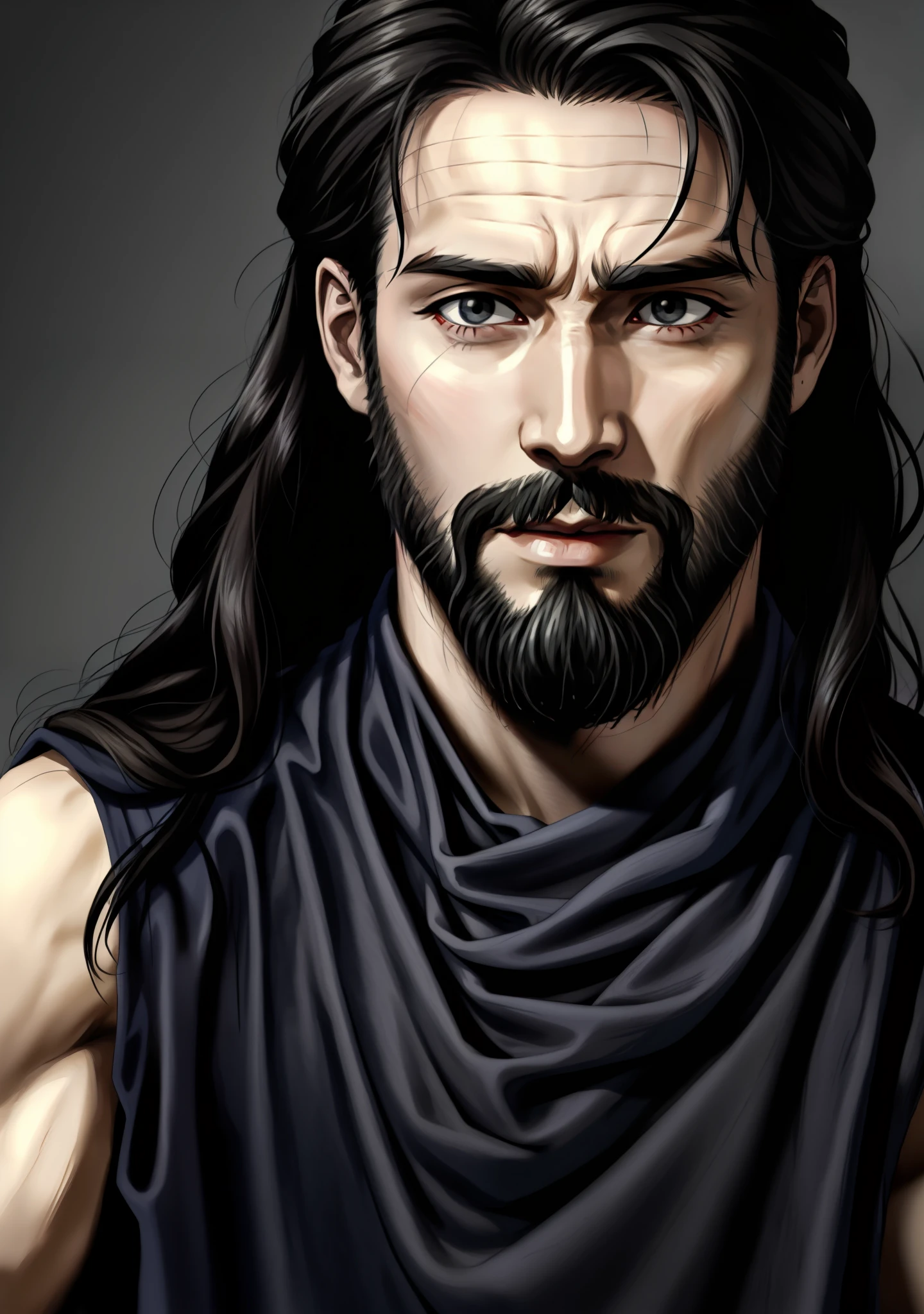 Realistic and high-quality epic art of the face of a rough man with a thin beard brushed in biblical times