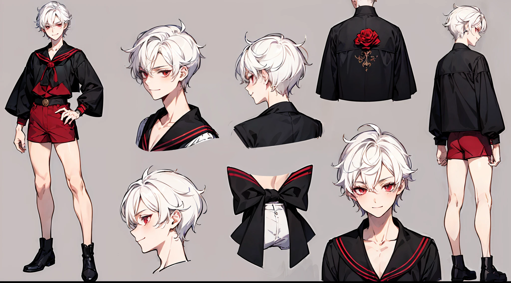 ((masterpiece)),(((best quality))),(character design sheet,same character,front,side,back), Reference sheet of a cute boy, short white hair, red eyes, smiling, black sailor outfit with short shorts, red rose as accessory, detailed face, detailed hair, (simple background, white background: 1.3)