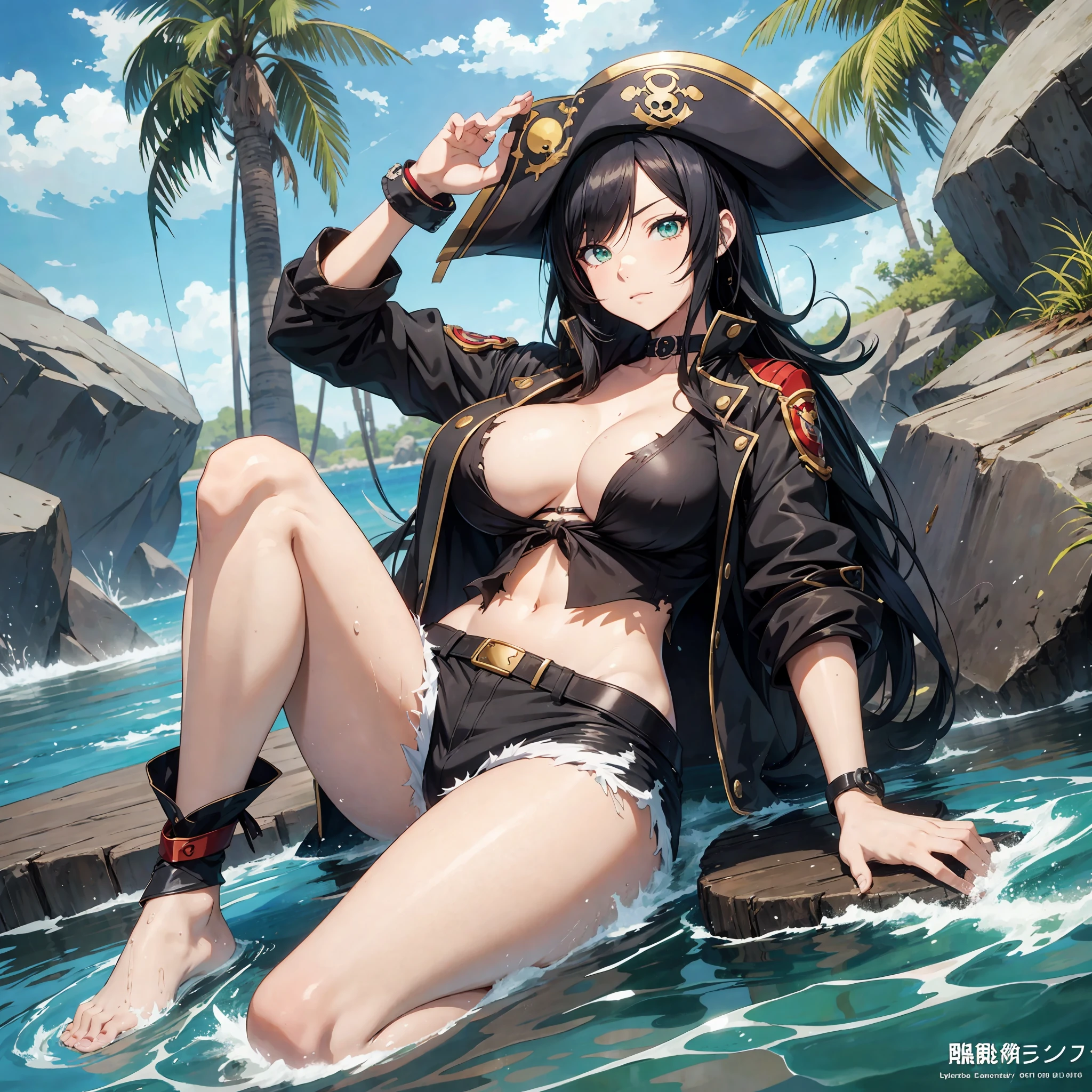 Anime style, Woman, pirate woman, anime, short shorts, anime, full body, feet in water, anime, black hair, detailed eyes, anime eyes, green eyes, big breasts, torn clothes, sensual, camera facing, anime, big breasts --auto --s2