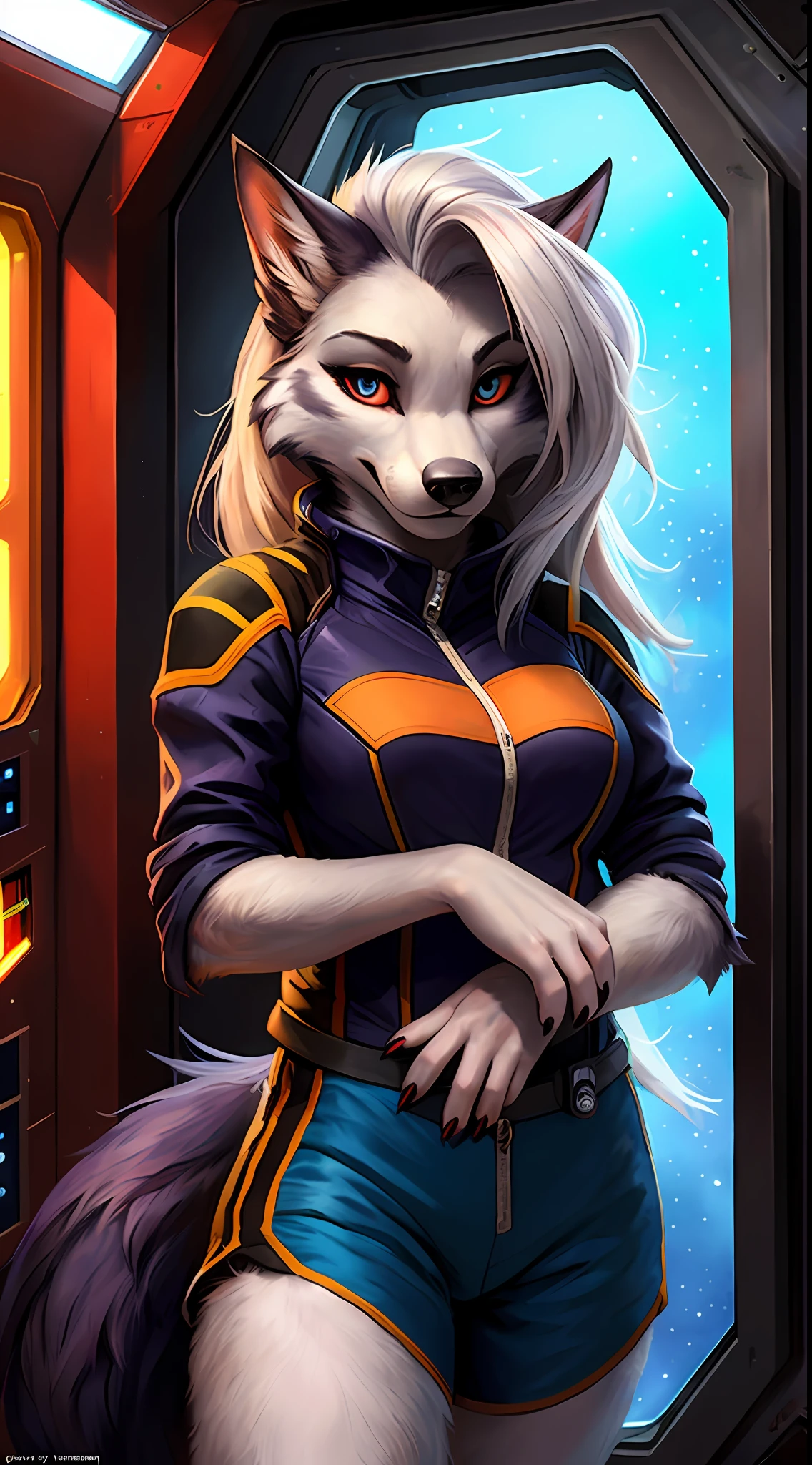 uploaded to e621, raw photo, realistic, anthro, detailed face, detailed fur, high resolution, beautiful and detailed portrait of Helluva Boss, Loona Hellhound, Loona, kenket, Ross Tran,ruan jia, zaush, foxovh, cenematic lighting, small breast, whole body, beautiful, spacesuit, smiling face, solo, 1girl, on a space station, in space