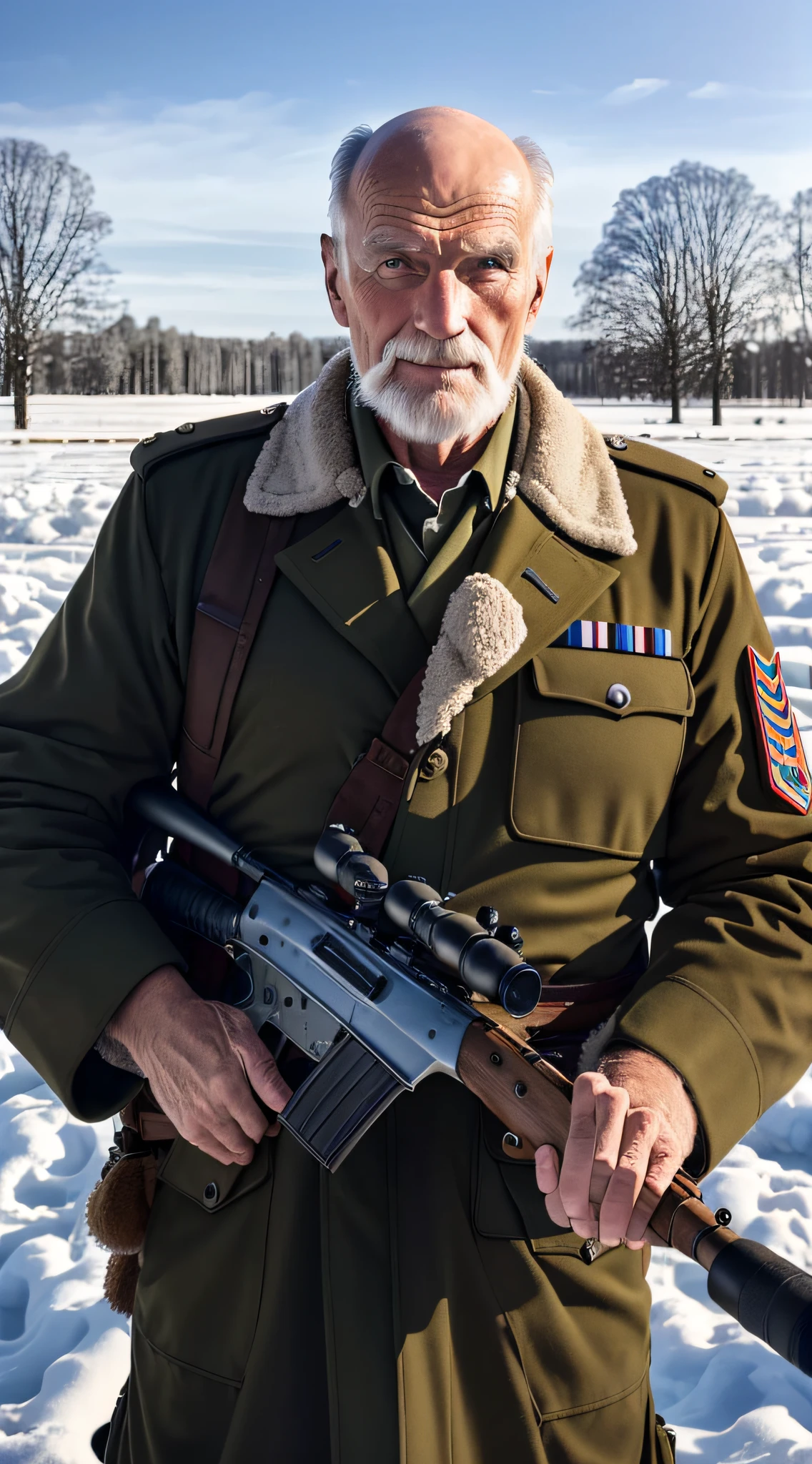 A 70-year-old Finnish man, hairless, standing in front of the camera looking directly. He is dressed in a full military uniform wielding a sniper rifle. The bottom is a snowy field. The image should be photorealistic, with high definition and contrast.