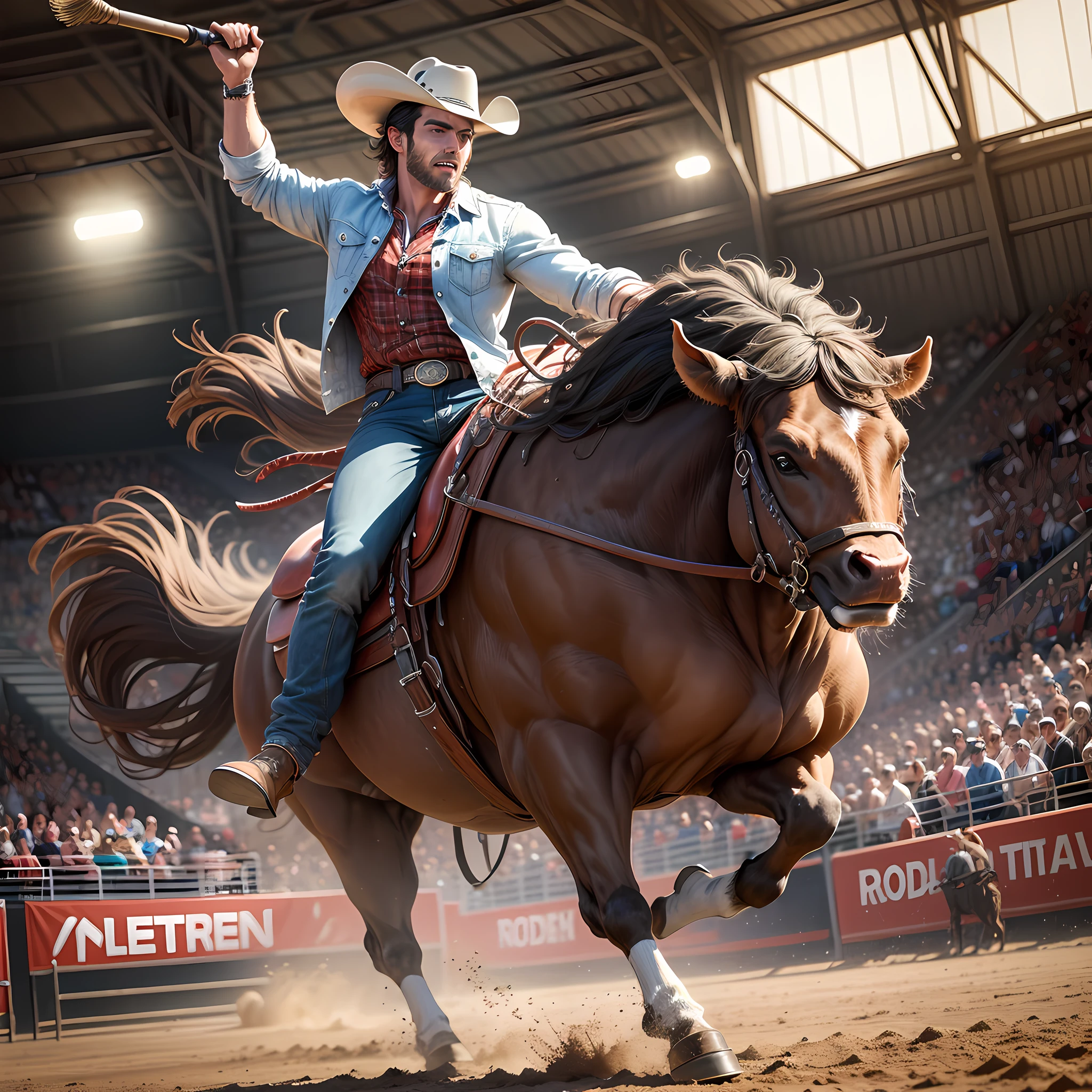 Rodeo arena with man taming a bull audience in ecstasy realistic ultra definition image in 4k --auto --s2