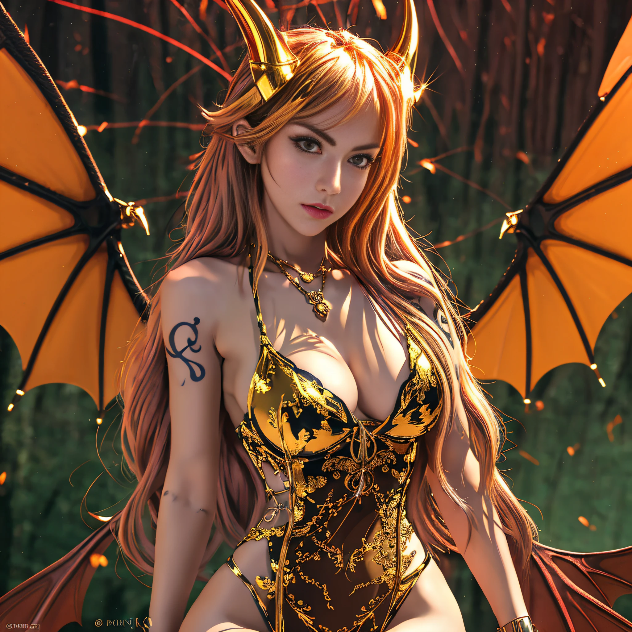 Adult female, long hair, lingerie, golden eyes, vertical pupils, magic, tattoos, dragon horns, epic reality, necklace, (extreme detail CG Unity 8K wallpaper, masterpiece, highest quality), ray tracing, reflective glow white: 1.5, textured gloss orange: 1.3, (renders well enough to stand out in its class), full body, wings, forest