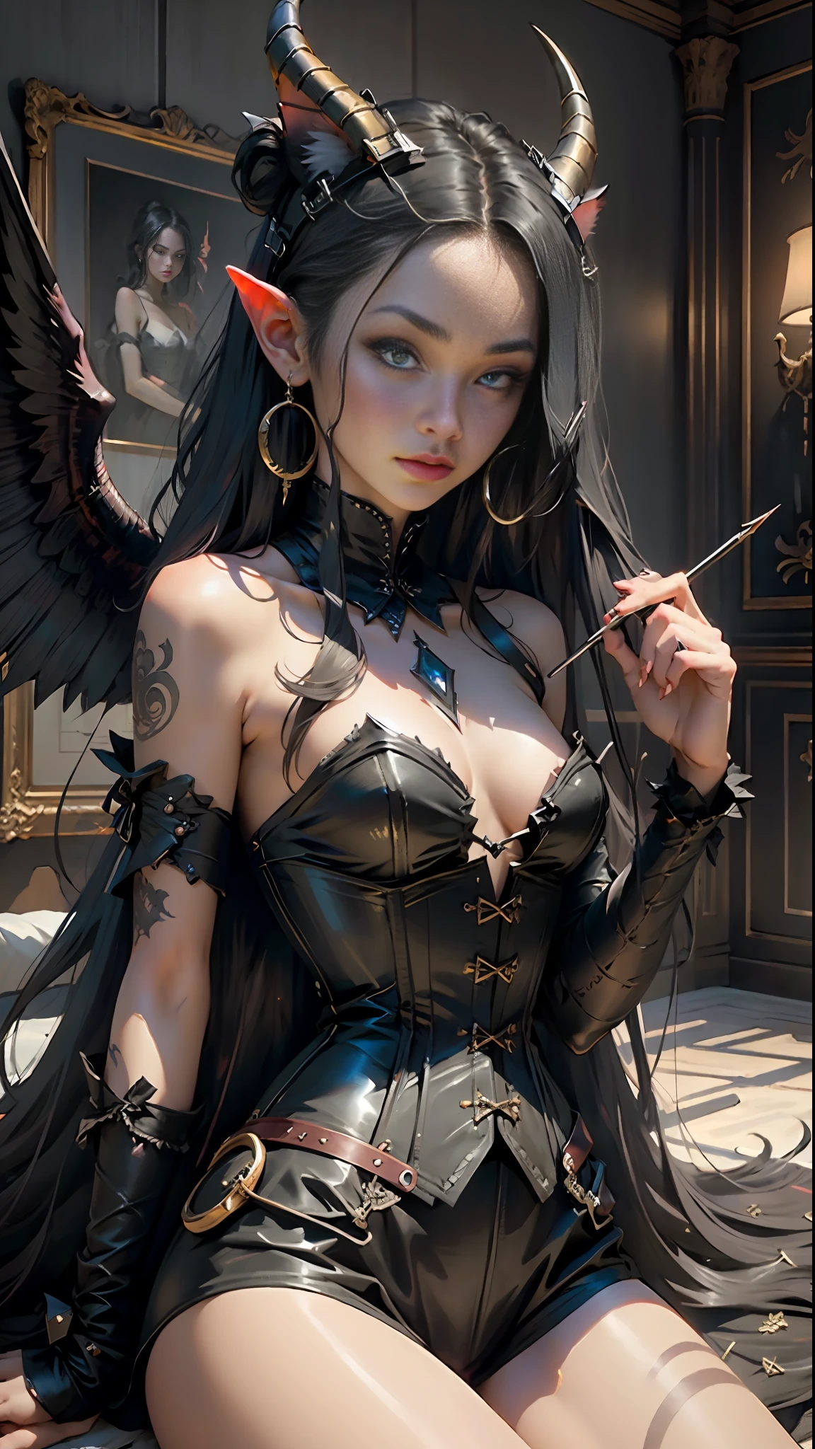 masterpiece, best quality, realistic, a demon girl, long black hair, corset horns, black wings, cat eyes, dark environment