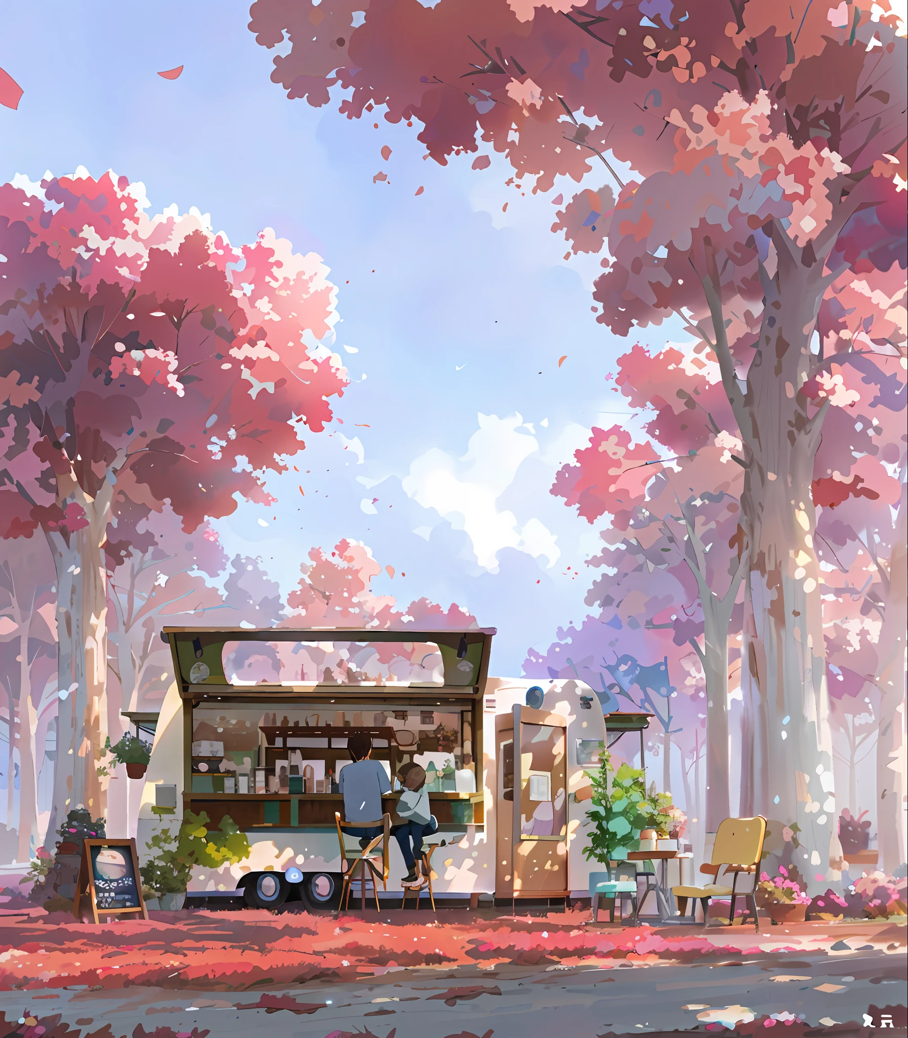 Couple sitting on chairs in front of food truck, loppi art style, cozy café background, Makoto Shinkai style, anime background art, relaxing concept art, anime landscape concept art, ropy art, landscape art, coffee shop, Makoto Shinkai style, colorful anime movie background, anime scenes, beautiful illustration illustrations --auto --s2