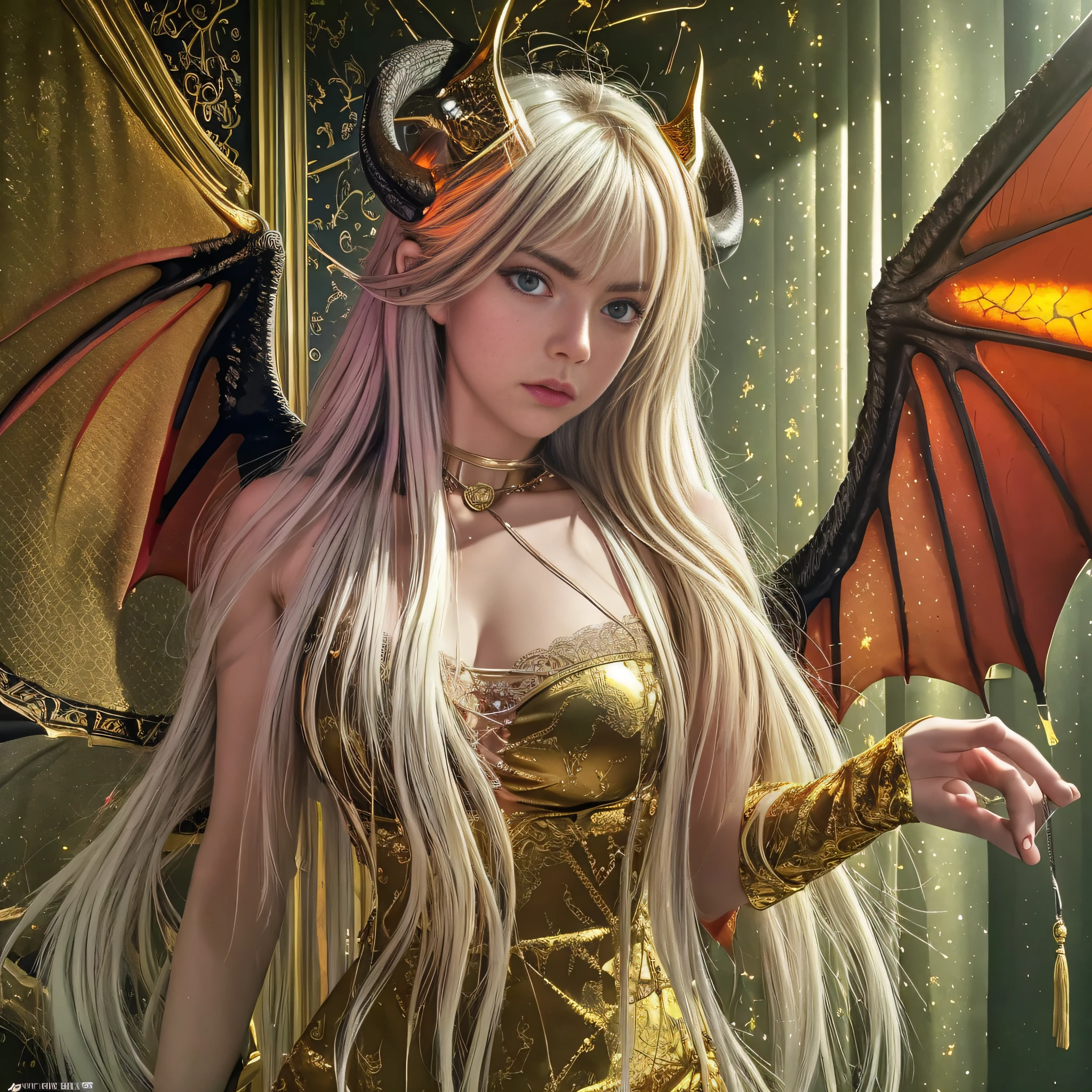 Adult female, long hair, lingerie, golden eyes, vertical pupils, magic, tattoos, dragon horns, epic reality, necklace, (extreme detail CG Unity 8K wallpaper, masterpiece, highest quality), ray tracing, reflective glow white: 1.5, texture gloss orange: 1.3, (rendering excellent enough to stand out of its class), full body, wings, cliff