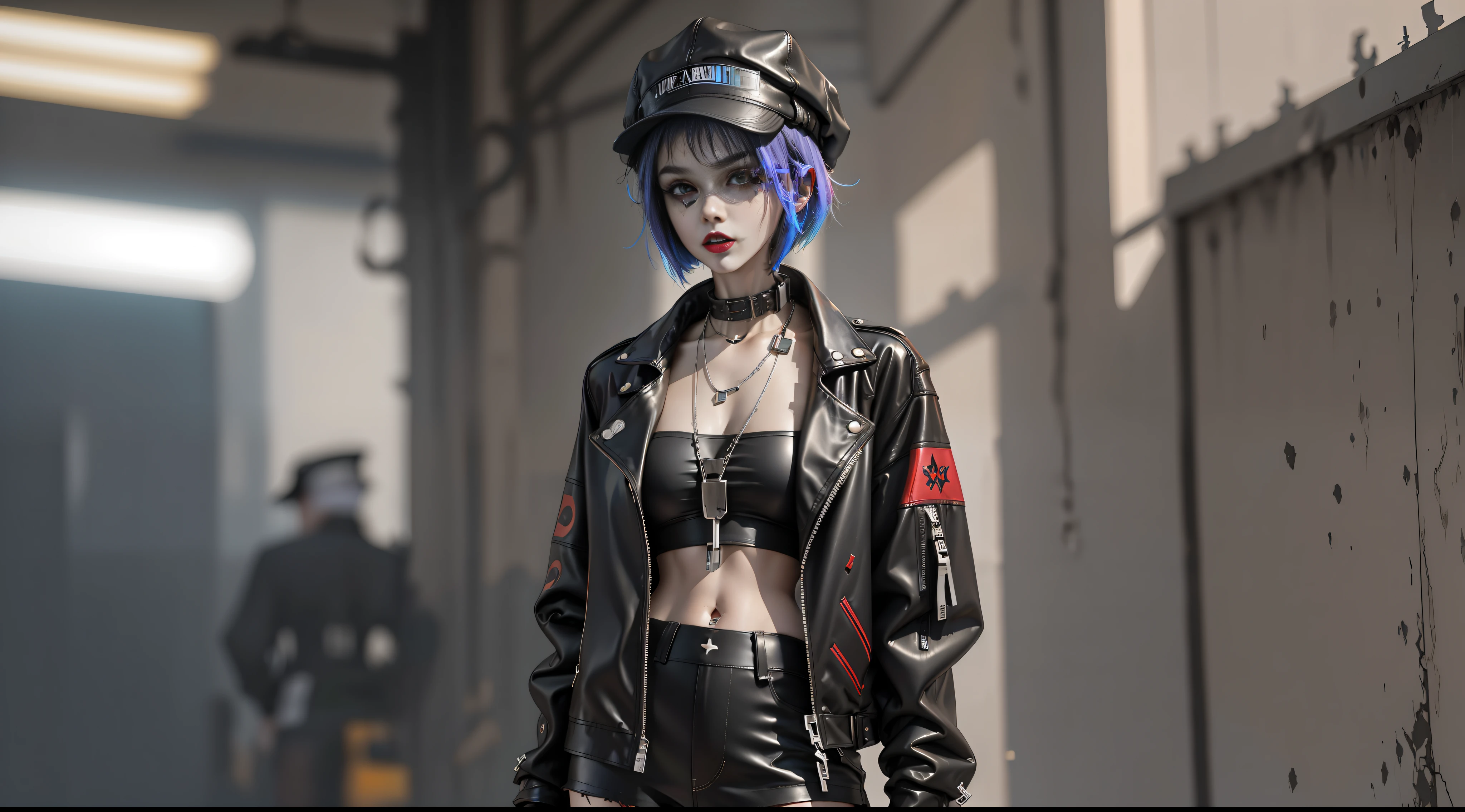 (Cyberpunk style, short hair, hat wearing: 1.2), black leather jacket, black leather skirt, black boots, red lips, dark tones.
