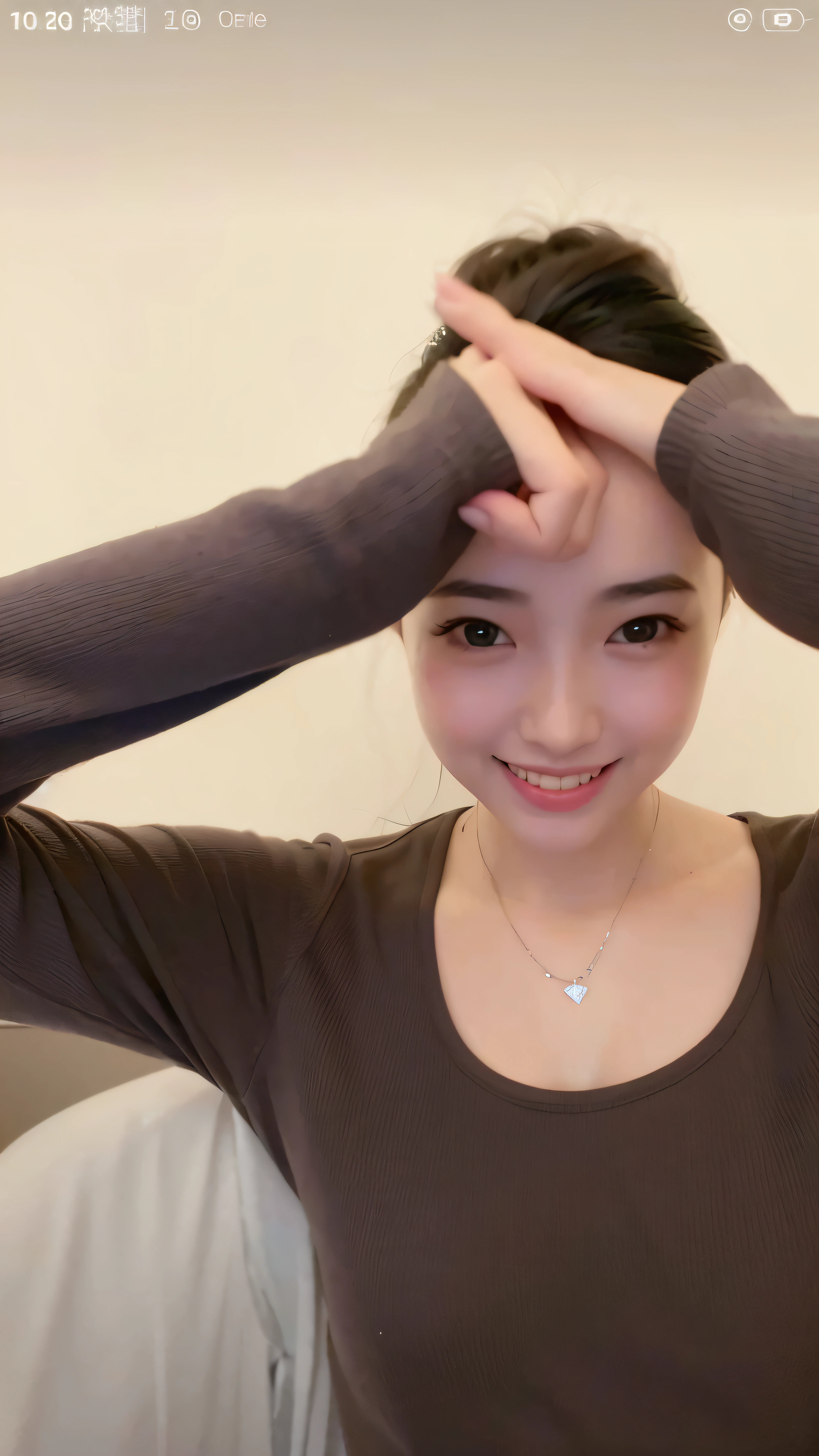 there is a woman that is holding her hands to her head, dilraba dilmurat, with cute - fine - face, xintong chen, slight cute smile, small heart - shaped face, lovely smile, young cute wan asian face, girl cute-fine-face, wenfei ye, clear cute face, warm and gentle smile, young and cute girl