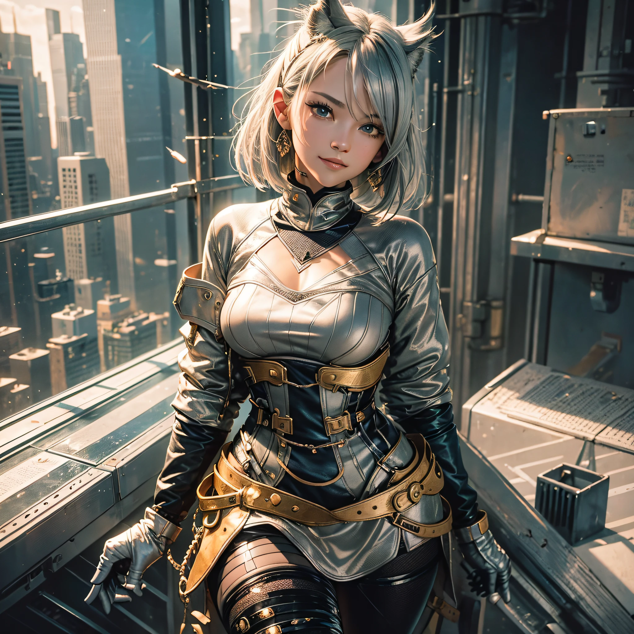 Full body, gray hair, (Dragoon: 1.2), Brant Bang, masterpiece, top quality, official art, very elaborate CG Unity 8K wallpaper, for girls, ultra high resolution, (photorealistic: 1.4), golden hour lighting, sweater dress, (upper body), (platinum shorthair: 0.8), (puffy eyes), looking at the viewer, frontal, smile, medium breasts, shirt lift, Gloves, shorthair