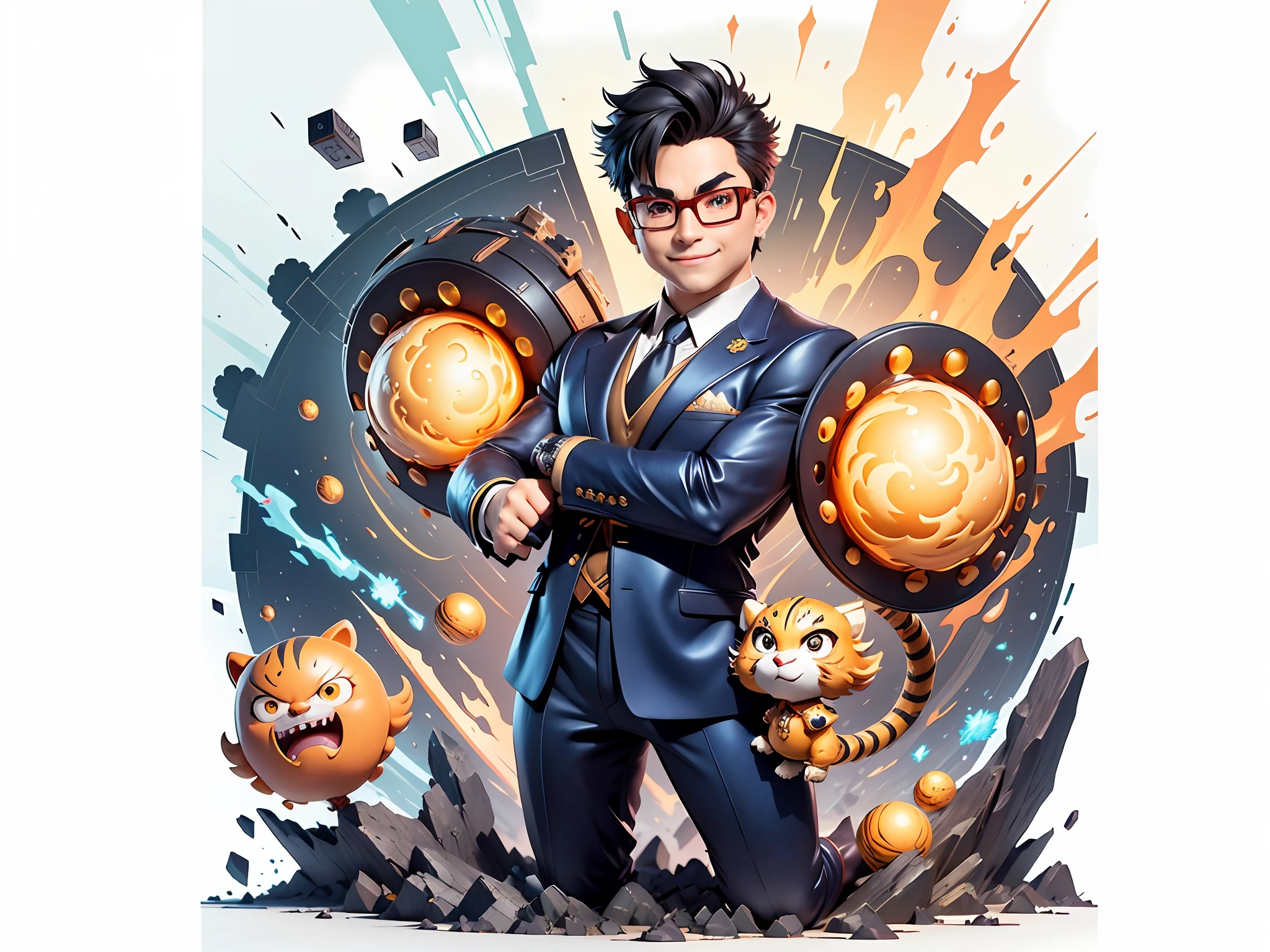 (Masterpiece), (Excellent), (Super Meticulous), (Full Body: 1.2), Super Young Man, Chinese Dragon, Tang Lion, Tiger, Wind God Thor, Sexy, Bursting, Oriental Face, TV Anchor, Bust Portrait Illustration, Black Formal Suit, Blue Tie, Slightly Chubby Face, Silver Glasses, Very Clean Face, No Beard on Chin, Black Super Short Hair, Black Eyes, Confident Smile, 3c Computer Sub-Products, iPad, iPhone, Digital Painting, 3D character design by Mark Clairedon and Pixar and Hayao Miyazaki and Akira Toriyama, the illustrations are HD illustrations in 4K resolution with highly detailed facial features and cartoon-style visuals.