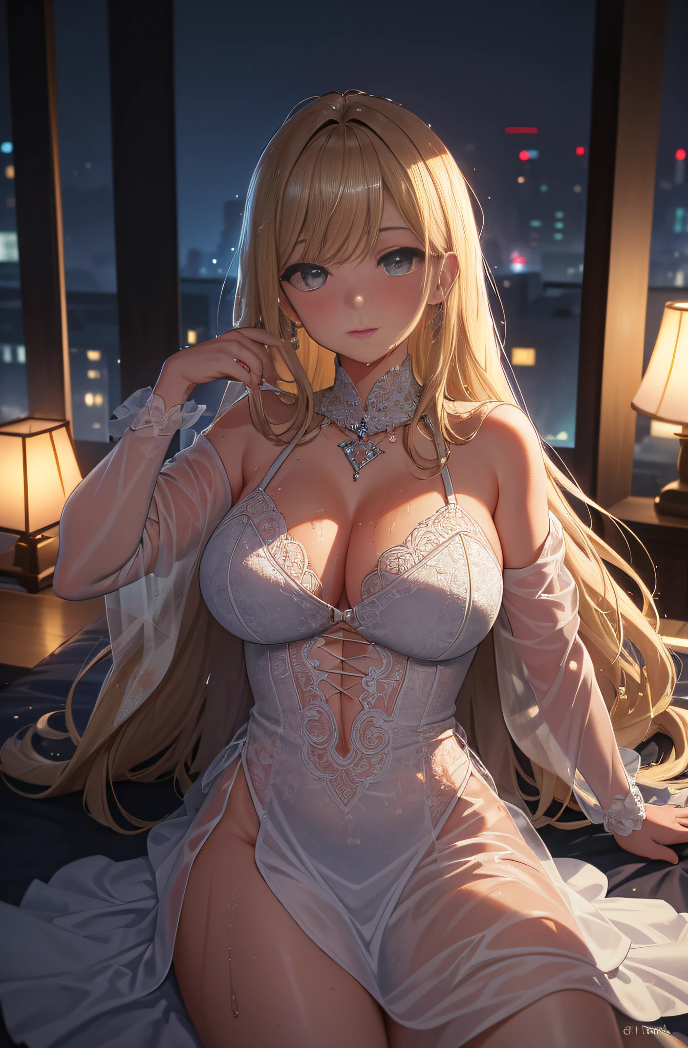 ((Masterpiece)), top quality, ultra-detailed, highly detailed CG unified 8k wallpaper, sitting on the bed, (Big breasts: 1.3), ((Sexy wet dress)), (Beautiful detailed eyes)), (Detail eyes and detail face: 1.3), (((((Wet body))), Radiant skin, Fine-grained skin, Fine hair, Soft lighting, dimly lit bedroom, Large window on background, residential area at night, backlit expression.