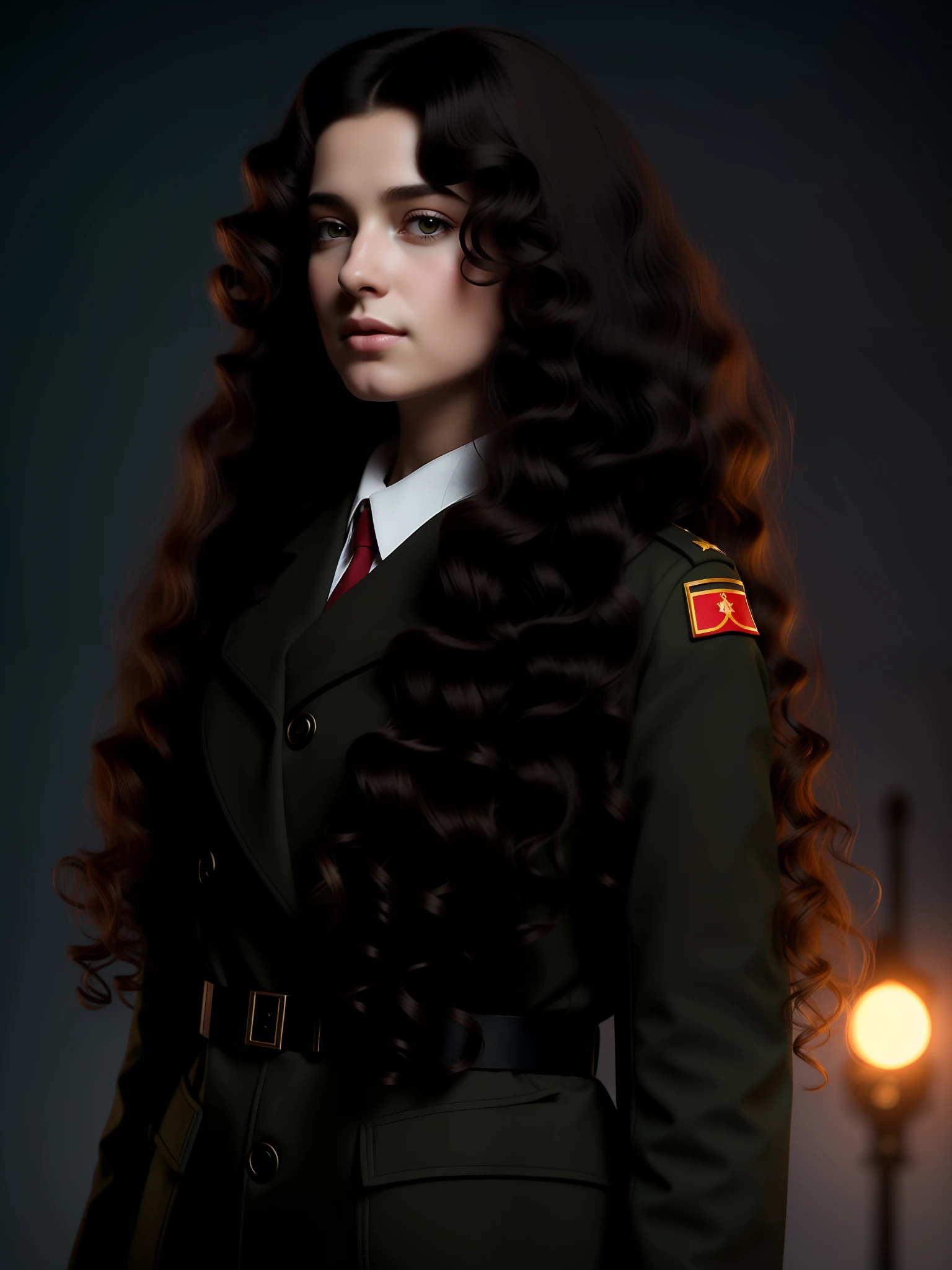 the most beautiful a magical girl with long curly hair and curly curly hair in style of Russian military uniforms and black hair, artstation, concept art, straight, sharp focus, light diffraction, illustration in the style of Simon Stalenhag, 8 k, hdr, matte, hdr, 8 k, render ultrawide, highly detailed, trend, dark theme, light brown hair, communist,  soviet girl