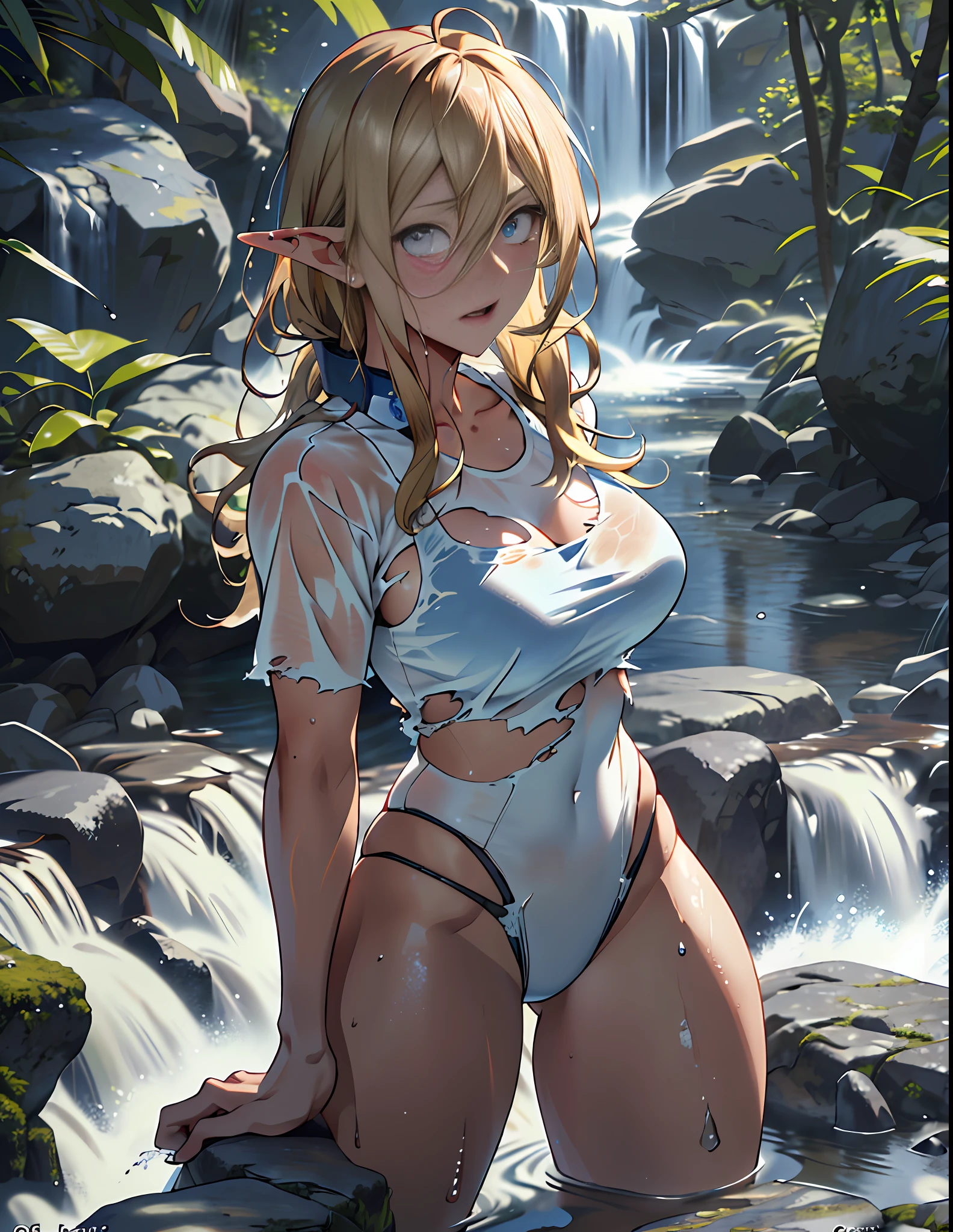Best quality, masterpiece, ultra high res, detailed background, realistic, 1girl, solo, female, muscular, mature female, Straight hair, yellowish blonde, medium length, hair strands hanging on the right side of face, makeup, eye shadow, standing on a rock, legs open, showing panties, seductive scene, white sticky swimsuit outfit, wet breasts, open mouth, serious face, sexy beak, beautiful eyes, well done, blue eyes (clear), bright knots eyes, erotic expression, forest, waterfall, real shadow and light, depth of field, huge large breasts, torn clothes, torn bra, uderboob, looking at the viewer, strong wind in the face, strong wind in the hair, loose hair, Miku Nakano, Konosuba, sweaty, wet, sexy, flushed, embarrassed, moaning, ((very sweaty)) ((the body is dripping wet)) ((wet thighs)), ((spreading thighs)), no mistakes, well detailed, extremely well done, eyes well drawn, eyes well made, face well drawn, ((no art error)), elf ear, ((torn clothes, part breasts))