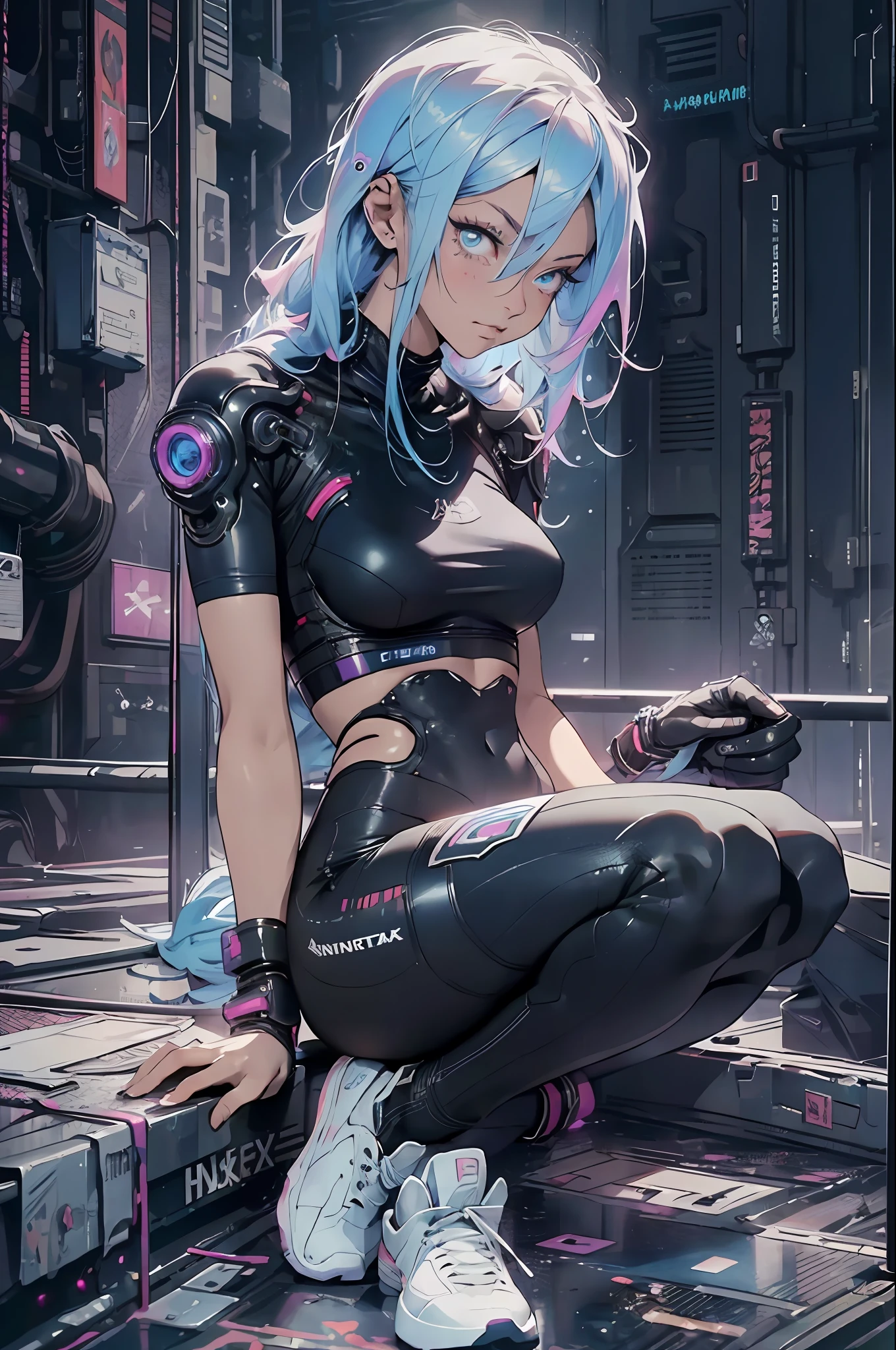 (cyberpunk:1.3) , Stylish woman looking at camera, black pants, black t-shirt, melancholic lighting, quiet, calm, brightness, masterpiece, best quality, 1girl, (JinxLol:1.2), (ultra photorealistic:1.3), (masterpiece:1.4), best quality, ((realistic)), high quality, ultra detailed, ((real image)), ((realistic skin)), ((realistic face)),(illustration:1.05), (beautiful:1.05), (beautiful detailed eyes:1.05), (cinematic light:1.1), blue on the detachments, perfect whole body, slender silhouette, slim, small breasts, thick thighs, black and blue clothing, white sneakers